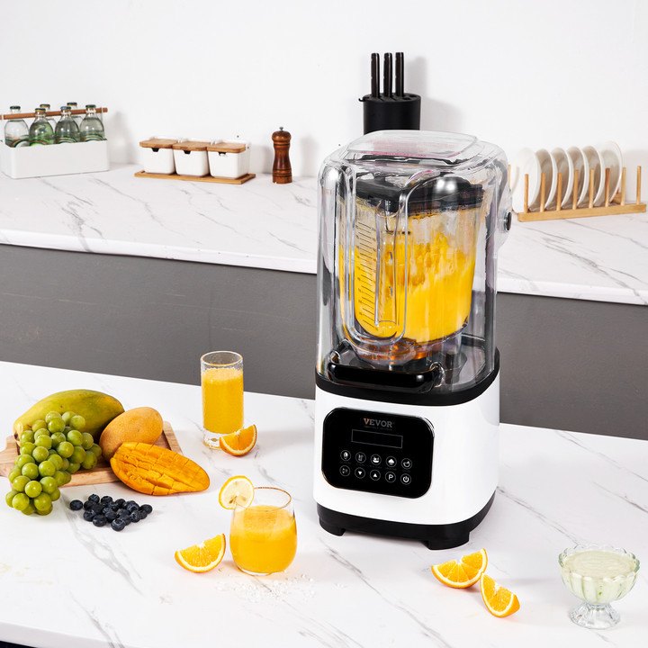 VEVOR Professional Blender with Shield, Commercial Countertop Blenders, 2L Jar Blender Combo, Stainless Steel 9 Speed & 5 Functions Blender, for Shakes, Smoothies, Peree, and Crush Ice, White