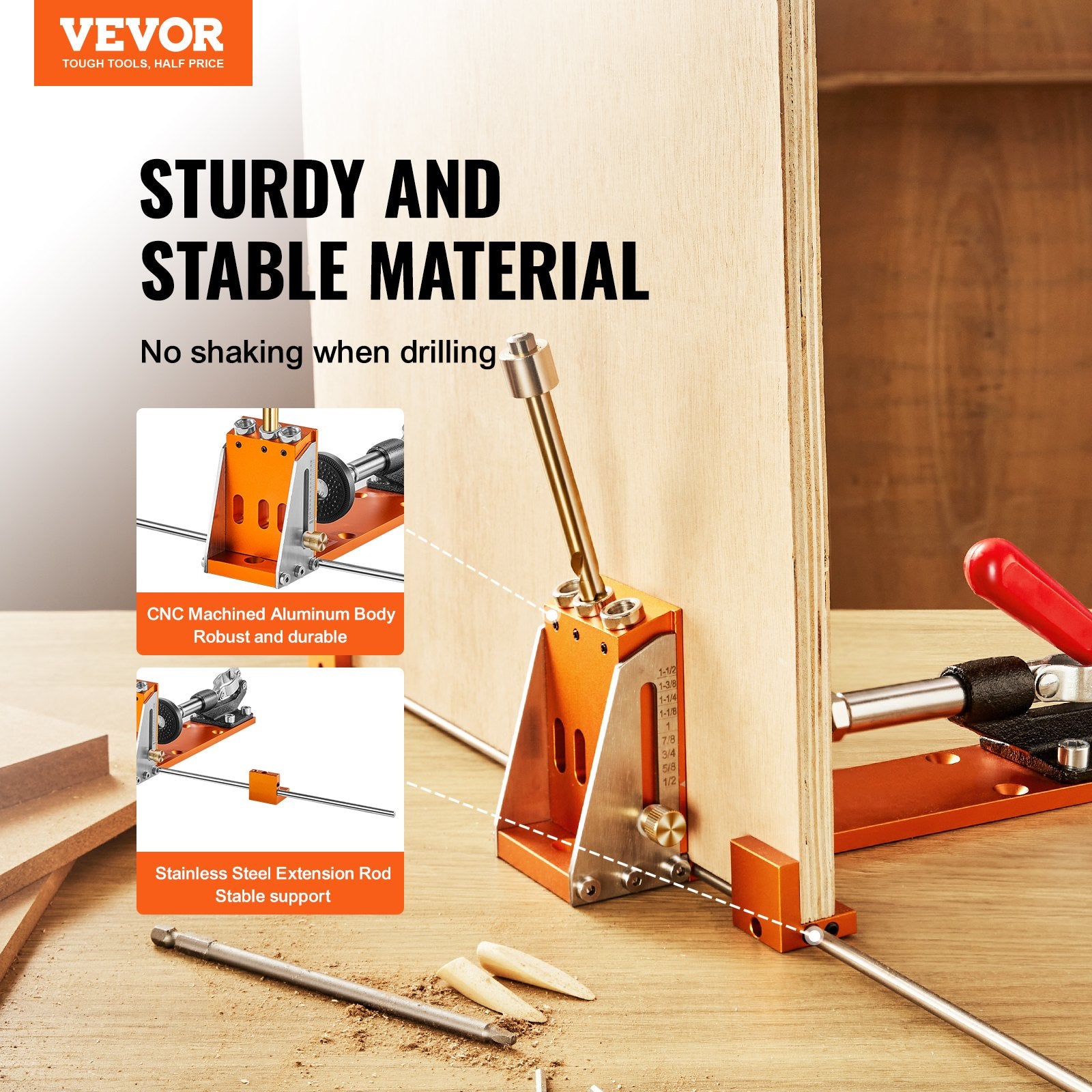 VEVOR Pocket Hole Jig Kit, 34 Pcs Pocket Hole Jig System with C-clamp,  Fixture, Step Drills, Wrenches, Drill Stop Rings, Square Drive Bits, Toolbox, for DIY Carpentry Projects, Adjustable