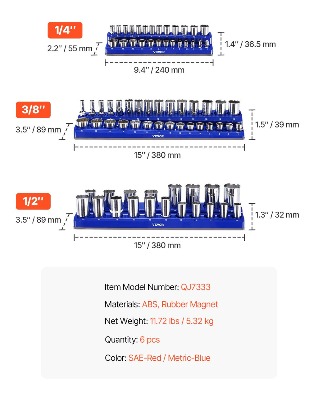 VEVOR Magnetic Socket Organizer Set, 6PCS Socket Holder, 1/4'', 3/8'' & 1/2'' Metric SAE Socket Trays with Clear Labels, Hold up to 143PCS Standard & Deep Sockets, Blue & Red (Sockets Not Included)
