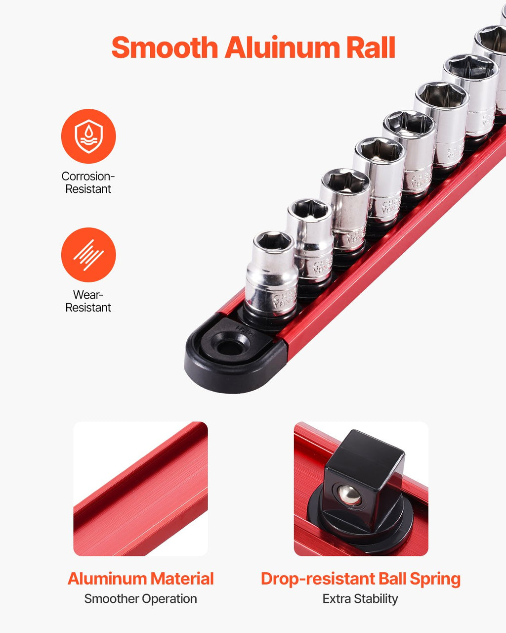 VEVOR Socket Organizer Rail Set, 3PCS Metric & SAE Aluminum Socket Organizers, 1/4'', 3/8'' & 1/2'' Heavy-Duty Socket Holder with 360° Rotating Clips for Tool Box, Hold up to 40 Sockets, Red & Black