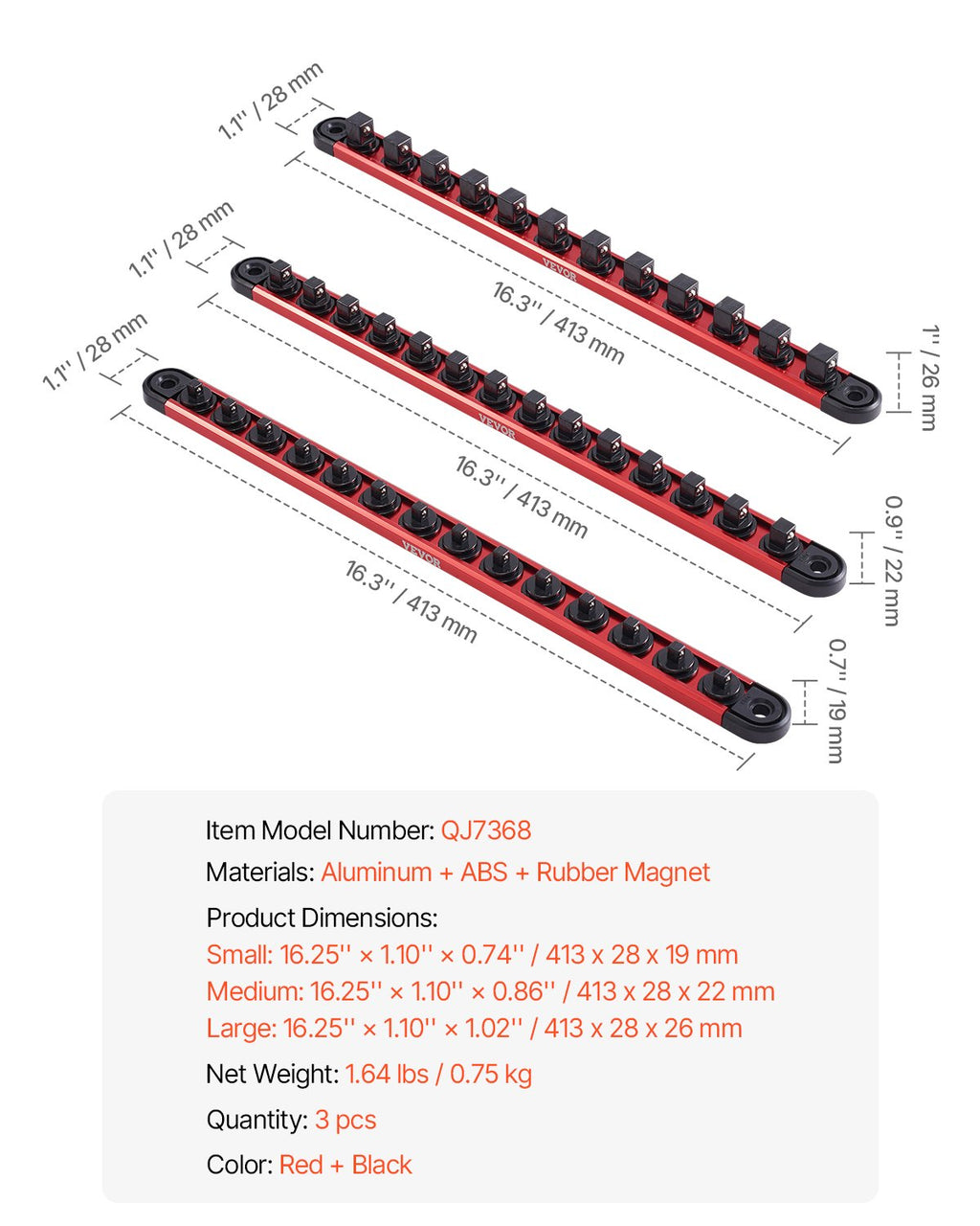VEVOR Socket Organizer Rail Set, 3PCS Metric & SAE Aluminum Socket Organizers, 1/4'', 3/8'' & 1/2'' Heavy-Duty Socket Holder with 360° Rotating Clips for Tool Box, Hold up to 40 Sockets, Red & Black