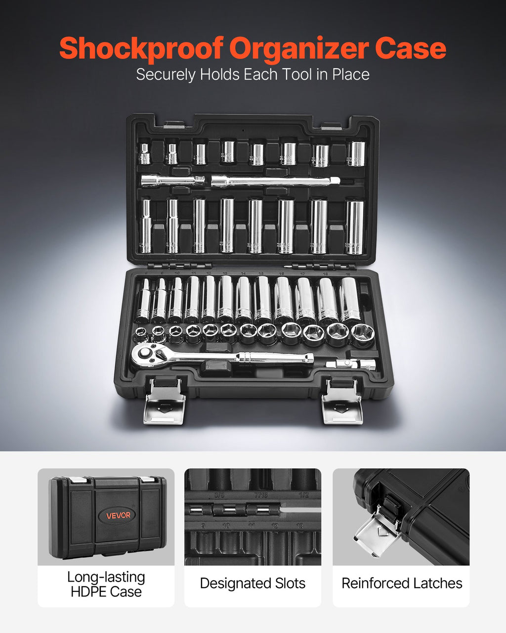 VEVOR Socket Set, 44 Pieces, 9.5 mm Drive Socket and Ratchet Set, SAE and Metric, Deep and Shallow, Mechanic Tool Kit with Accessories and Storage Case, CR-V Alloy Steel, for Automotive Repair