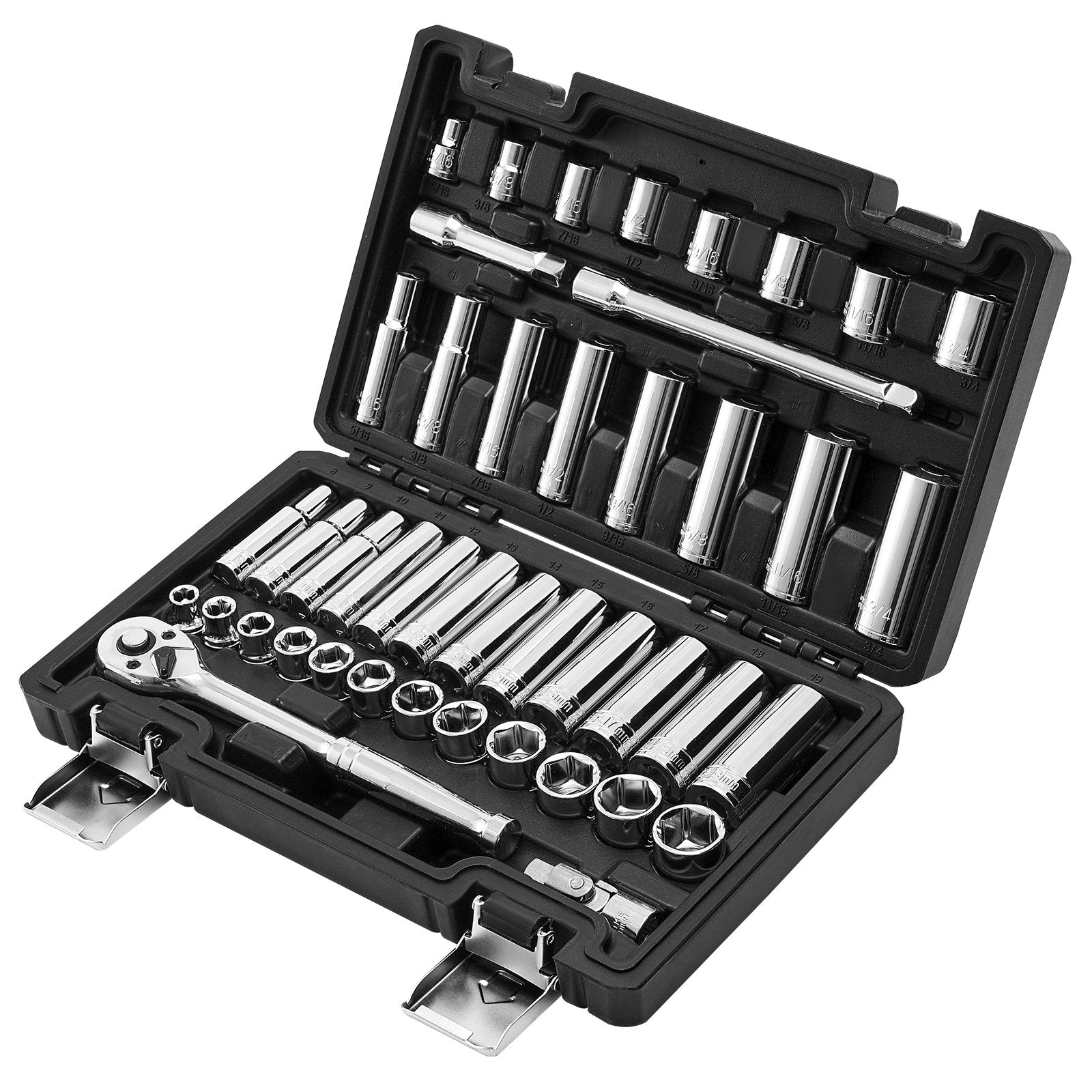 VEVOR Socket Set, 44 Pieces, 9.5 mm Drive Socket and Ratchet Set, SAE and Metric, Deep and Shallow, Mechanic Tool Kit with Accessories and Storage Case, CR-V Alloy Steel, for Automotive Repair
