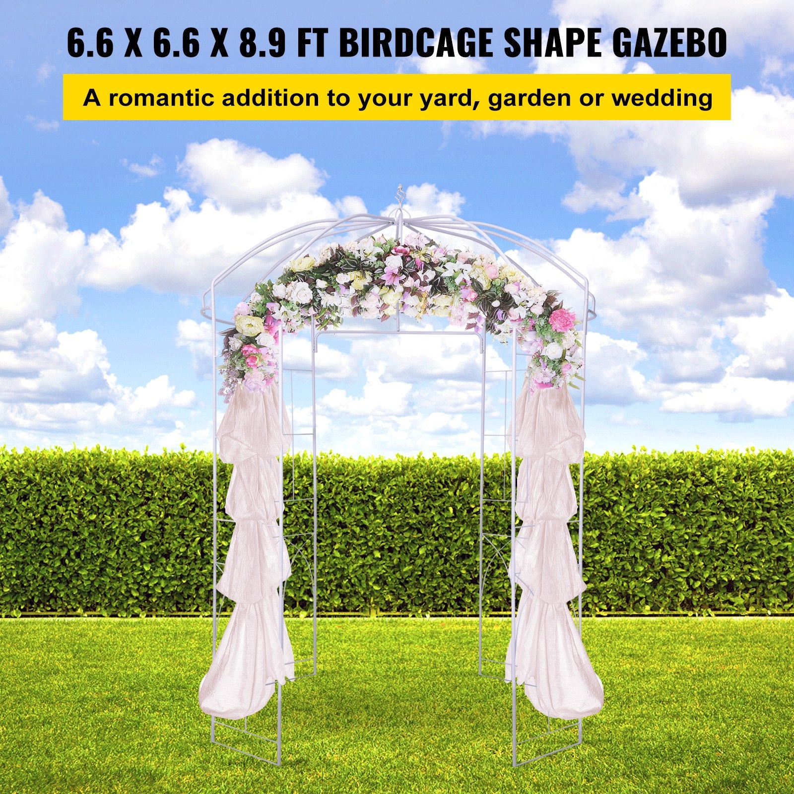 VEVOR Birdcage Shape Garden Arbor, 9\' High x 6.6\' Wide, Heavy Duty Wrought Iron Arbor, Wedding Arch Trellis for Climbing Vines in Outdoor Garden, Lawn, Backyard, Patio, White