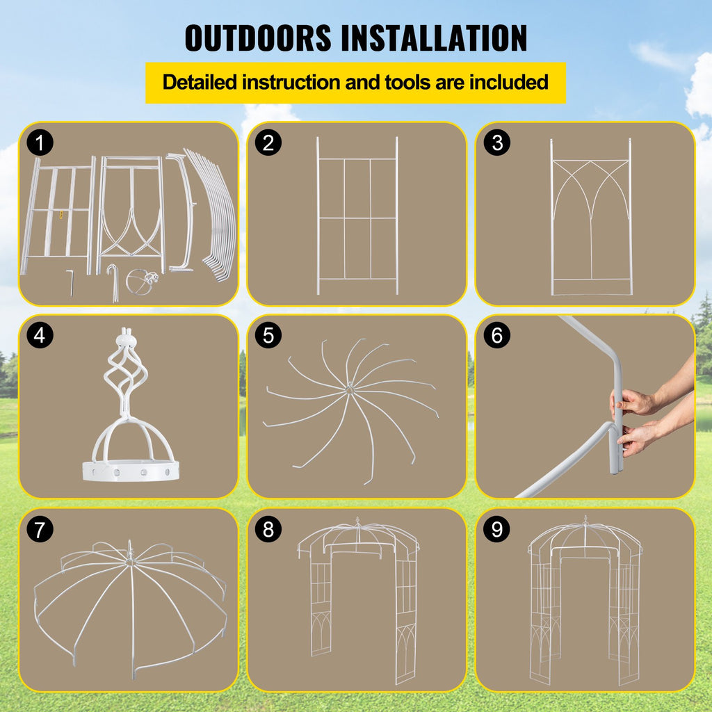 VEVOR Birdcage Shape Garden Arbor, 9\' High x 6.6\' Wide, Heavy Duty Wrought Iron Arbor, Wedding Arch Trellis for Climbing Vines in Outdoor Garden, Lawn, Backyard, Patio, White
