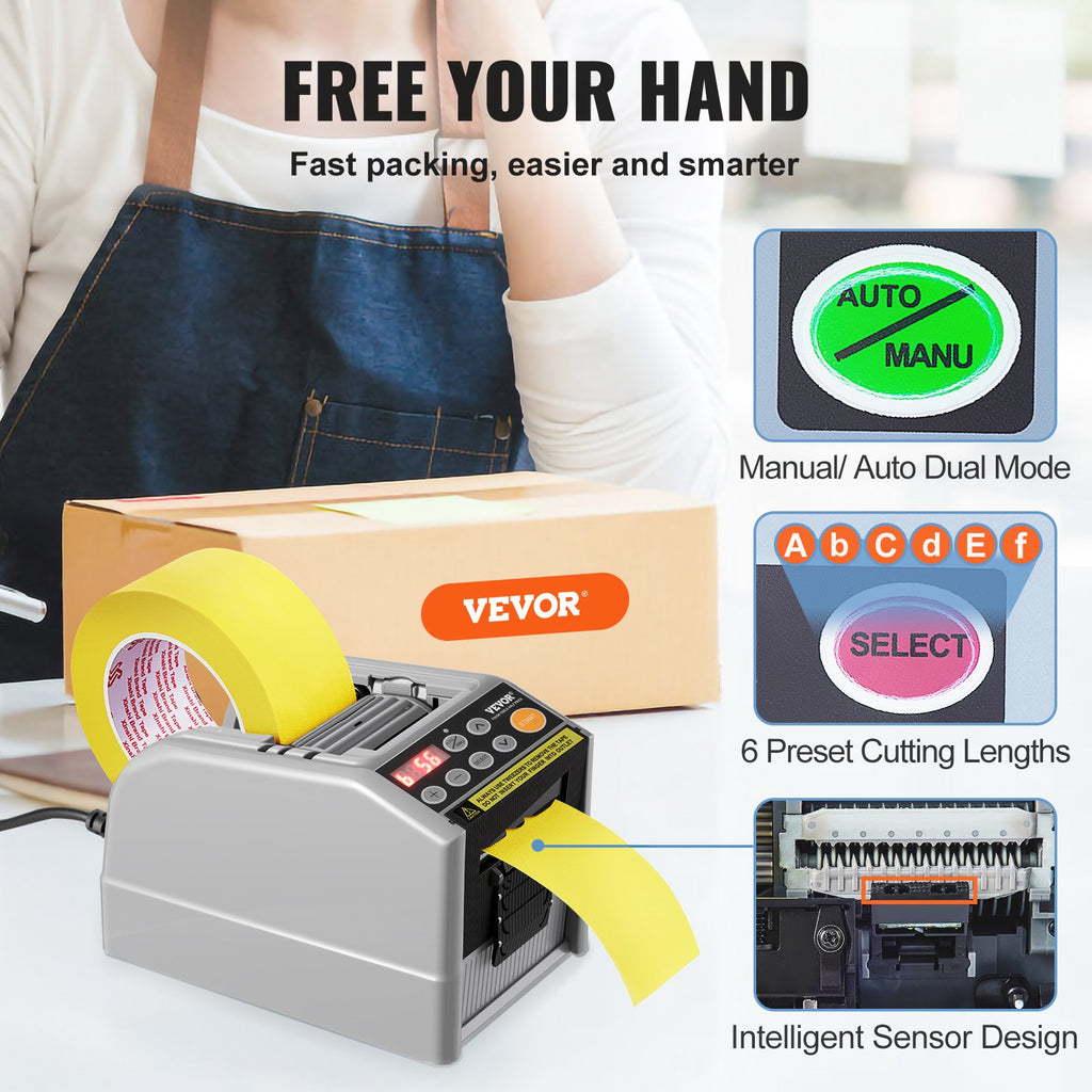 VEVOR Automatic Tape Dispenser, Self-Adhesive Electric Tape Cutter, 25 W Packaging Machine, Tape Cutter, 6-60 mm Tape Width, Electric Tape Cutter Packaging Machine