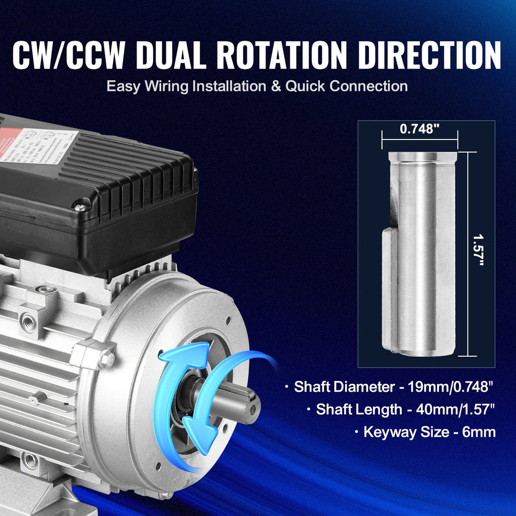 VEVOR 0.75KW Electric Motor 2850 rpm, AC 220~240V 5.15A, 80, B34 Frame, Air Compressor Motor Single Phase, 19mm Keyed Shaft, CW/CCW Rotation for Agricultural Machinery and General Equipment