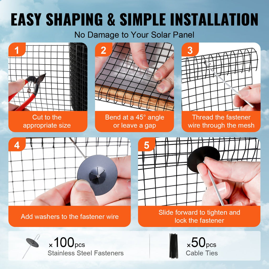 VEVOR 8in x 100ft Solar Panel Bird Guard Critter Guard Roll Kit 100pcs Fasteners