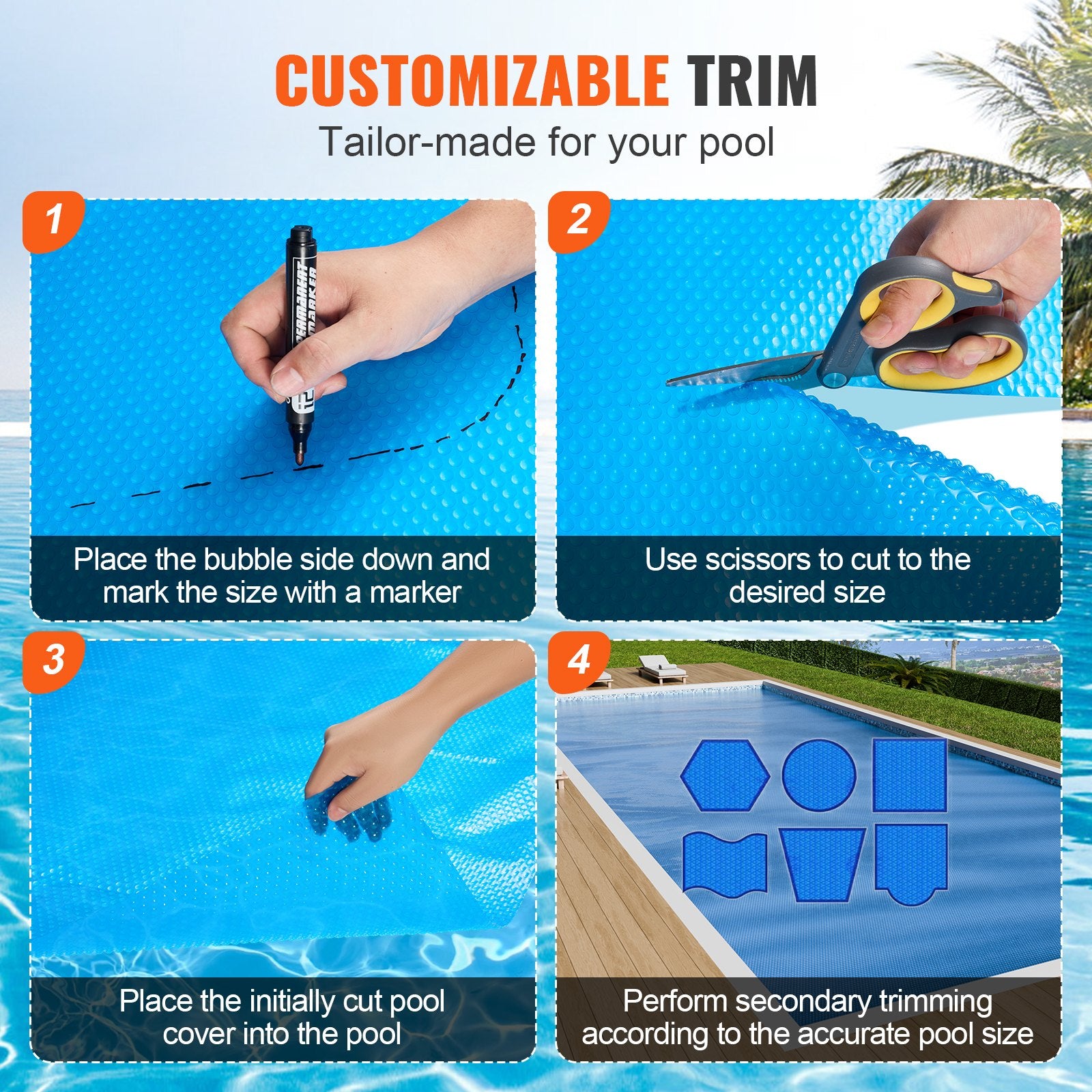 VEVOR Solar Pool Cover, 24 x 12 ft Rectangle Solar Blanket for Pools, Inground Above Ground Swimming Pool Solar Cover, 8 mil Solar Covers Blue