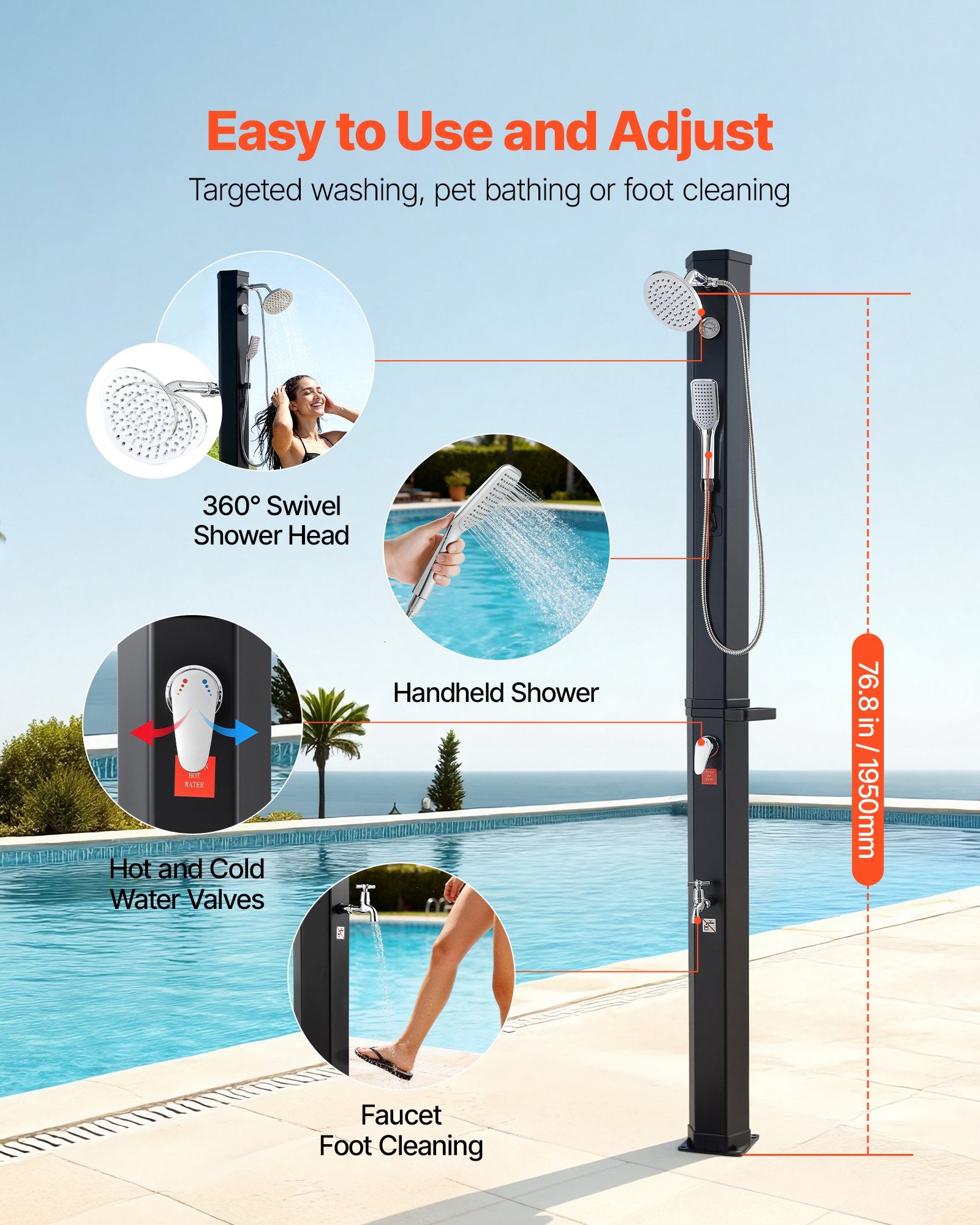 VEVOR 40L Solar Heated Shower, 205cm Showerhead Height Outdoor Shower, with Handheld & Foot Faucet, Hot & Cold Water Adjustment, Freestanding for Backyard Poolside Beach Pool, Black
