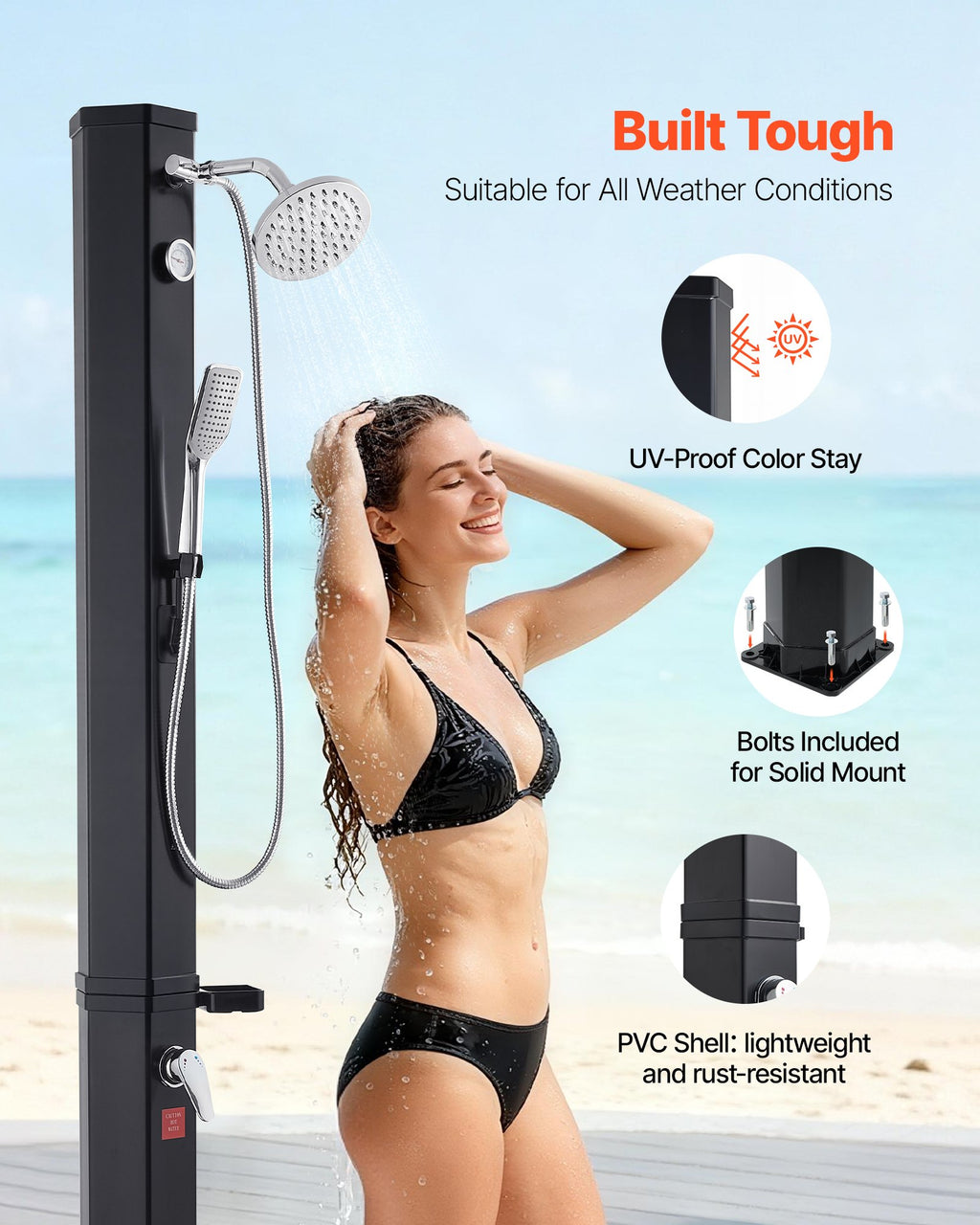 VEVOR 40L Solar Heated Shower, 205cm Showerhead Height Outdoor Shower, with Handheld & Foot Faucet, Hot & Cold Water Adjustment, Freestanding for Backyard Poolside Beach Pool, Black