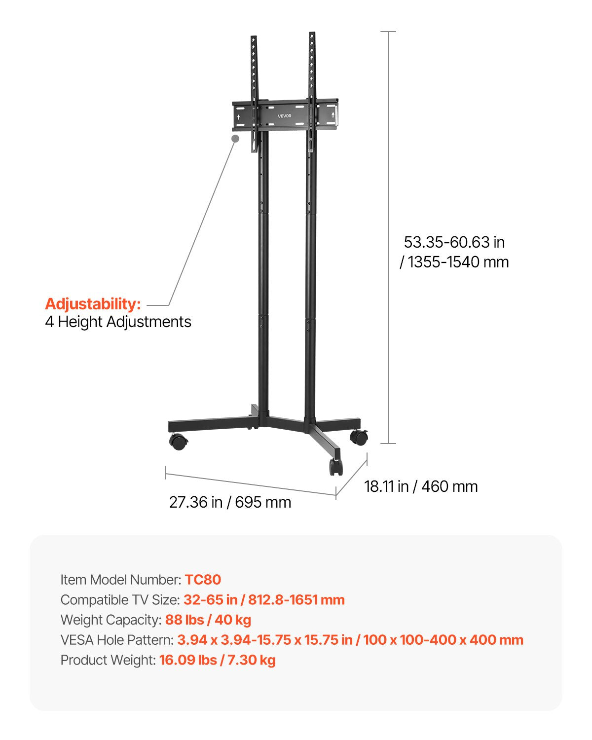 VEVOR Rolling TV Stand, Mobile TV Cart for 32-65 Inch Screens, Height Adjustable, Portable Monitor Stand with Wheels Holds up to 40 kg for Living Room, Bedroom, Office, Outdoor, Max VESA 400x400mm