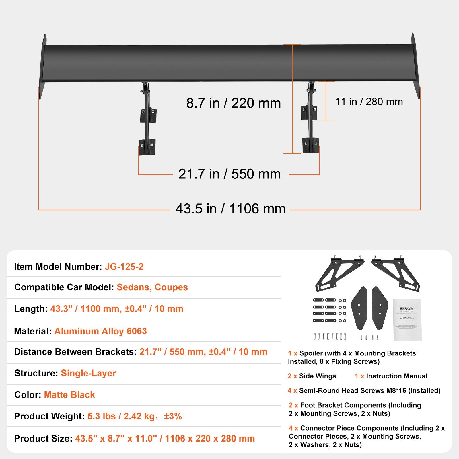 VEVOR GT Wing Car Spoiler, 43.3 inch Universal Spoiler with Single Deck, Adjustable Lightweight Aluminum, Car Rear Spoiler Wing, Racing Spoiler BGW/JDM Drift Black