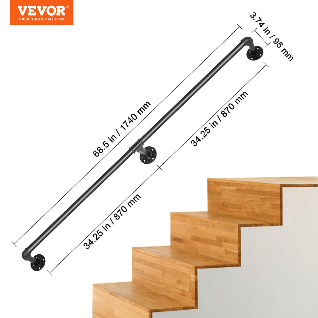 VEVOR Pipe Stair Handrail, 1.8m Staircase Handrail, 200KG Load Capacity Carbon Steel Pipe Handrail, Industrial Pipe Handrail with Wall Mount Support, Round Corner Wall Handrailings for Indoor, Outdoor