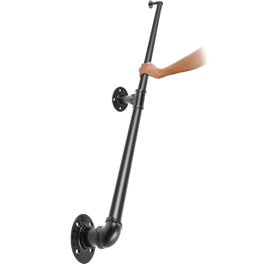 VEVOR Pipe Stair Handrail, 7FT Staircase Handrail, 440LBS Load Capacity Carbon Steel Pipe Handrail, Industrial Pipe Handrail with Wall Mount Support, Round Corner Wall Handrailings for Indoor, Outdoor