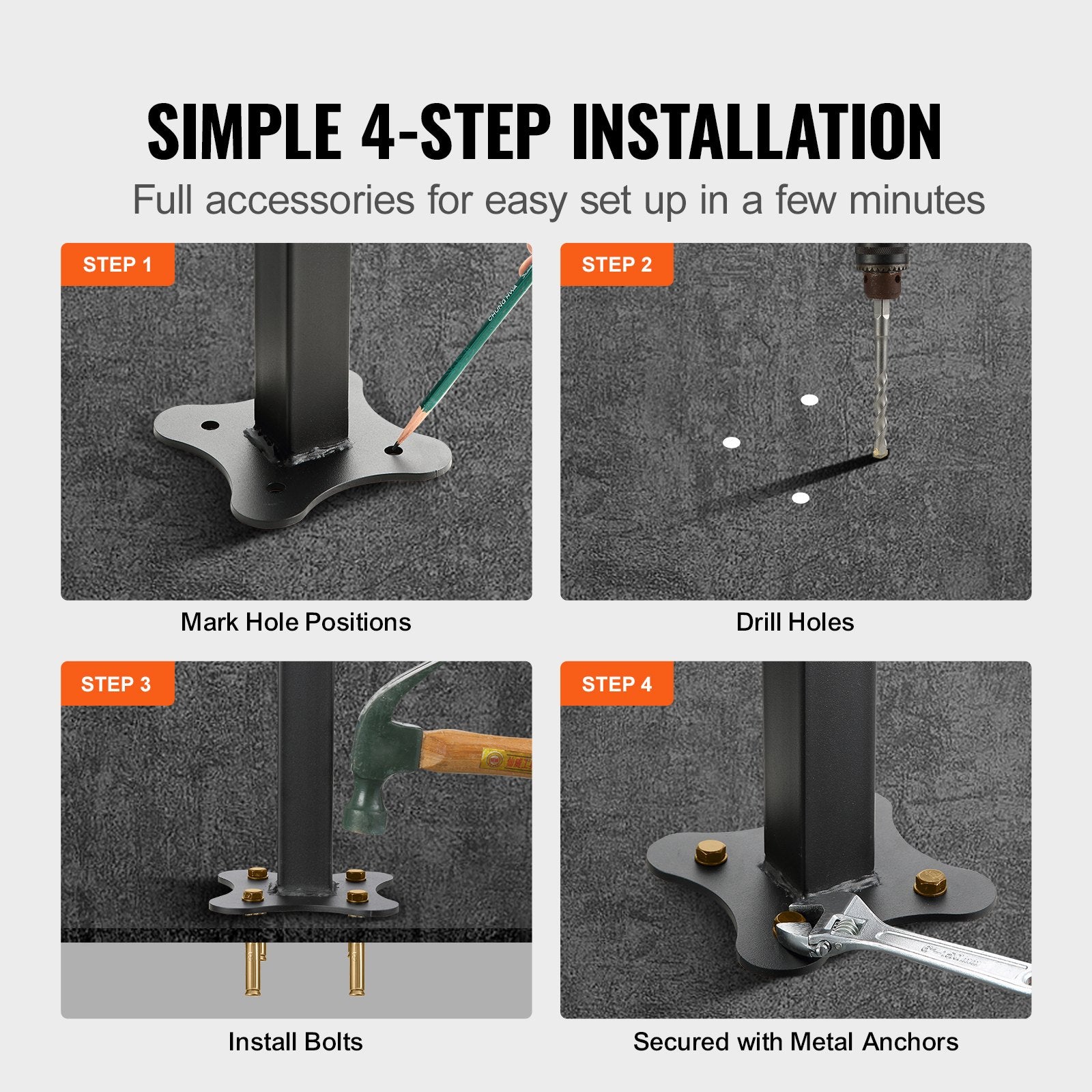 VEVOR Iron Handrail Stair Railing Hand Rail Kit 1-4 Steps Outdoor Black w/ Bars