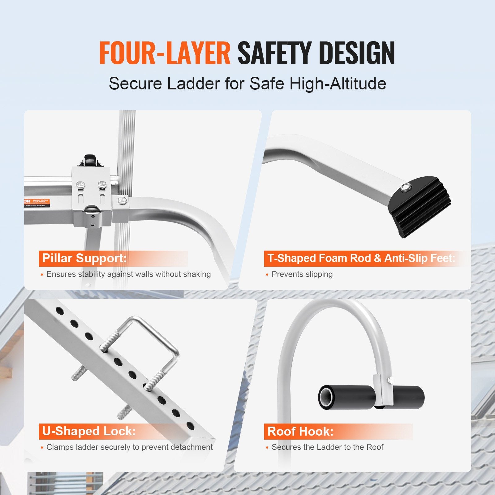 VEVOR Ladder Stabilizer, 2 in 1 Extension Wall Ladder Standoff Hook, Roof Ridge Ladder Accessories Both Horizontally and Vertically, Heavy-duty Steel Rubber Grip T-Bar, Quick Access to Steep Roofs