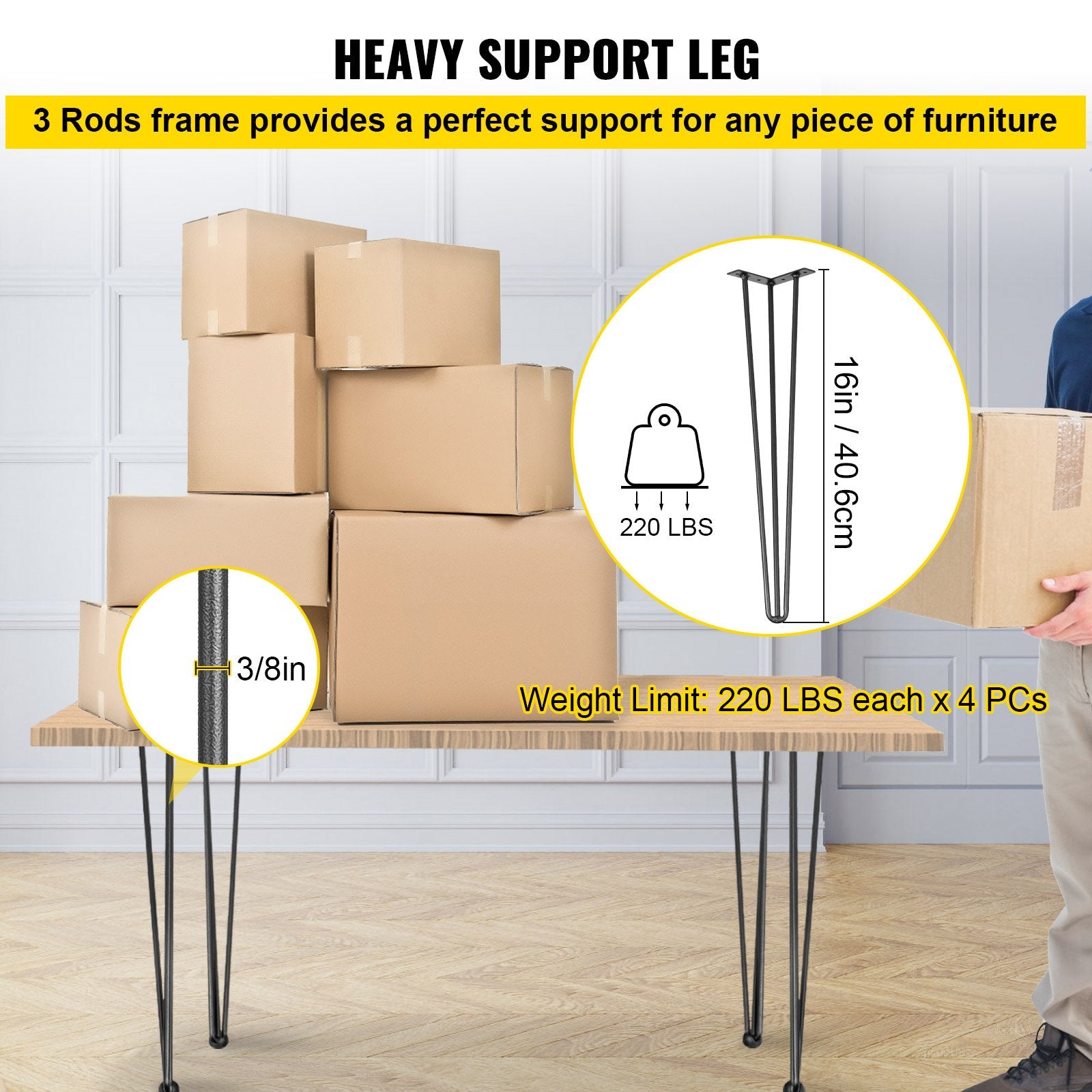VEVOR Hairpin Table Legs 16 inch, Set of 4 DIY Desk Table Legs 3 Rods Heavy Duty