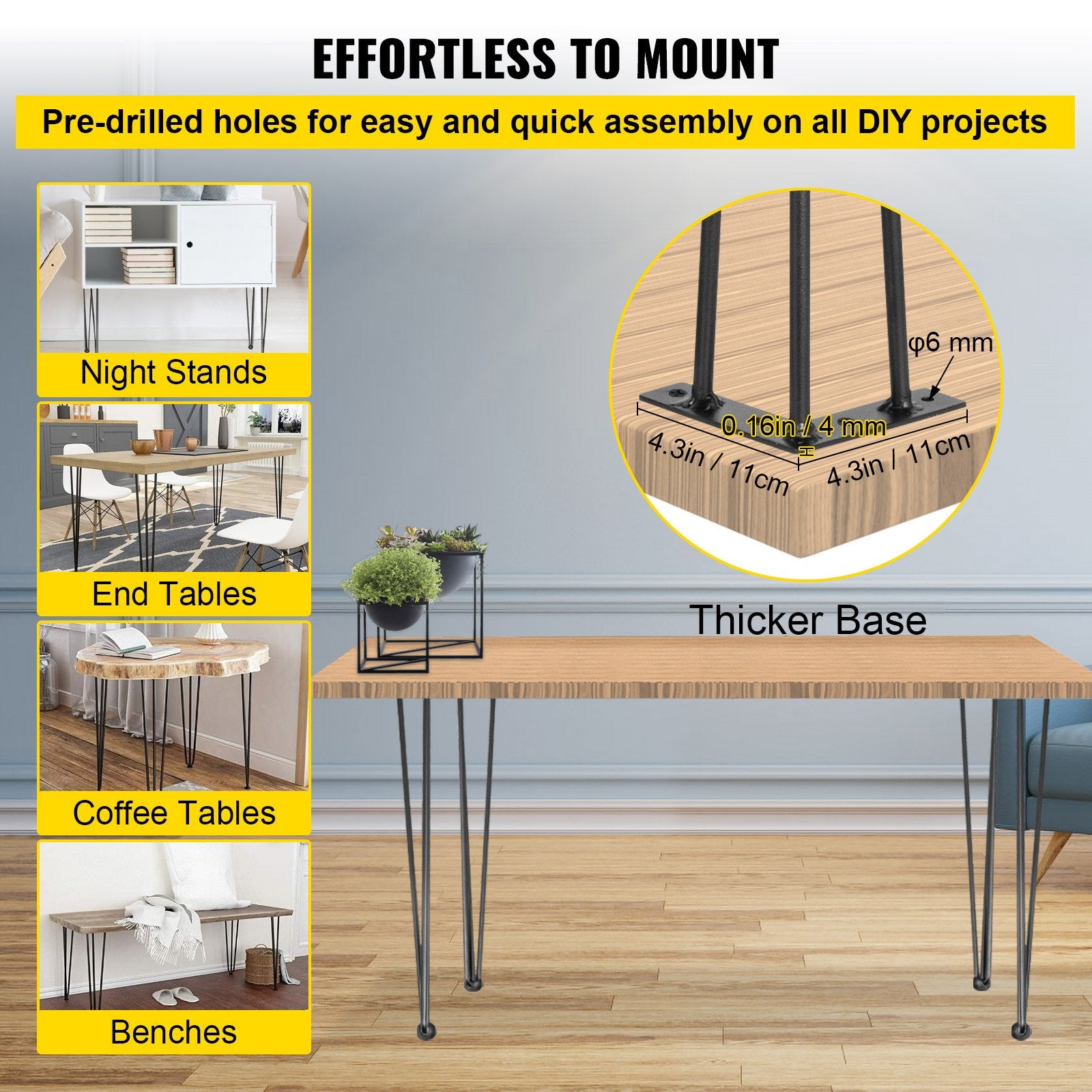 VEVOR Hairpin Table Legs 28 inch, Set of 4 DIY Desk Table Legs 3 Rods Heavy Duty