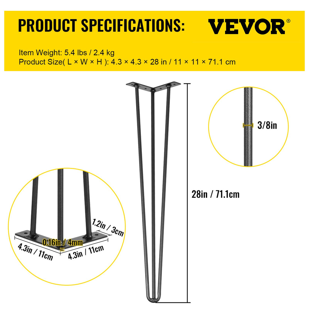 VEVOR Hairpin Table Legs 28 inch, Set of 4 DIY Desk Table Legs 3 Rods Heavy Duty