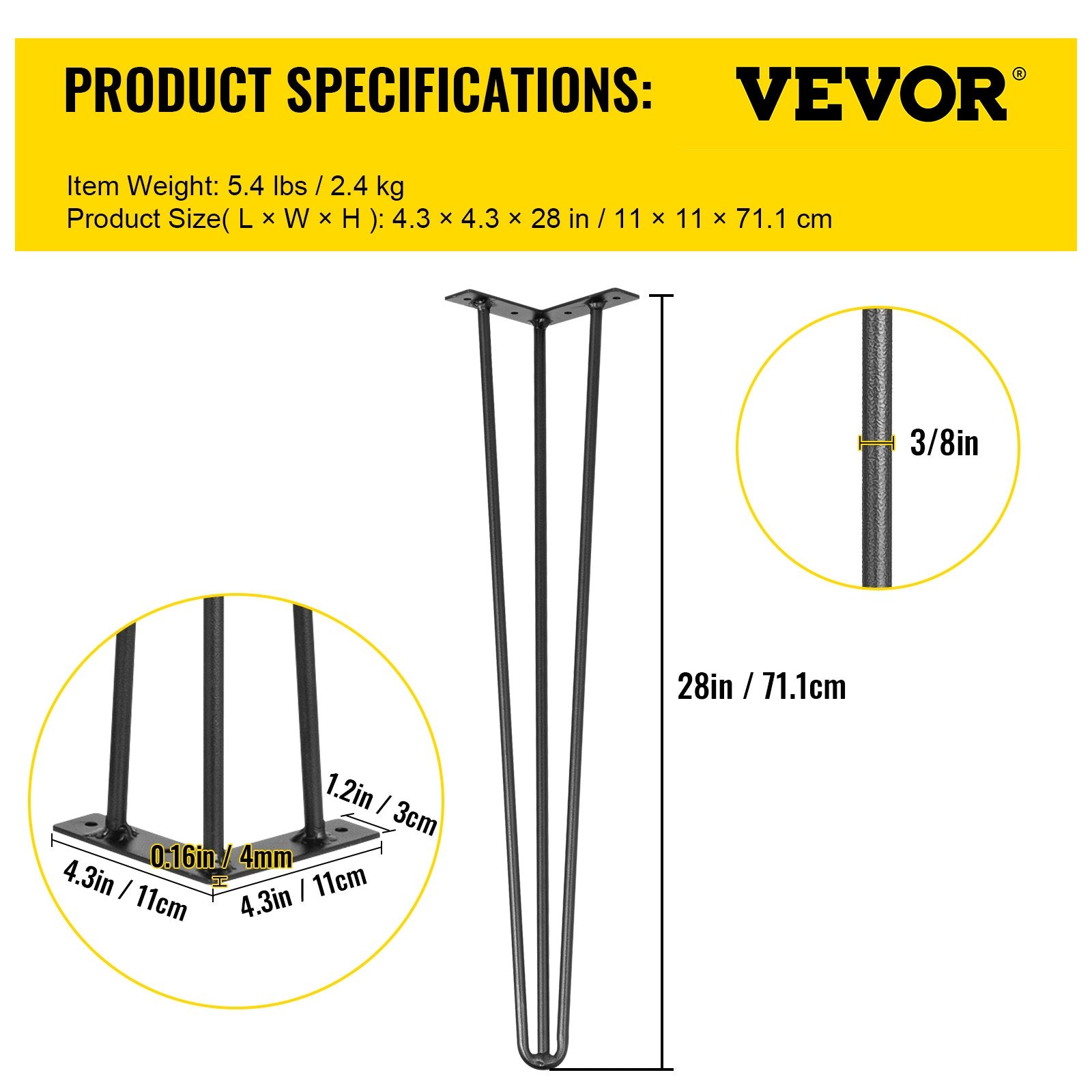 VEVOR Hairpin Table Legs 28 inch, Set of 4 DIY Desk Table Legs 3 Rods Heavy Duty