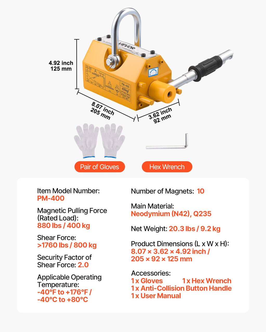 VEVOR Permanent Magnetic Lifter, 400 kg Pulling Capacity, Heavy Duty N42 Neodymium Lifting Magnet with Release Handle and Steel Hook, Used in Shop Crane and Hoist, for Lifting Plate Steel, Board