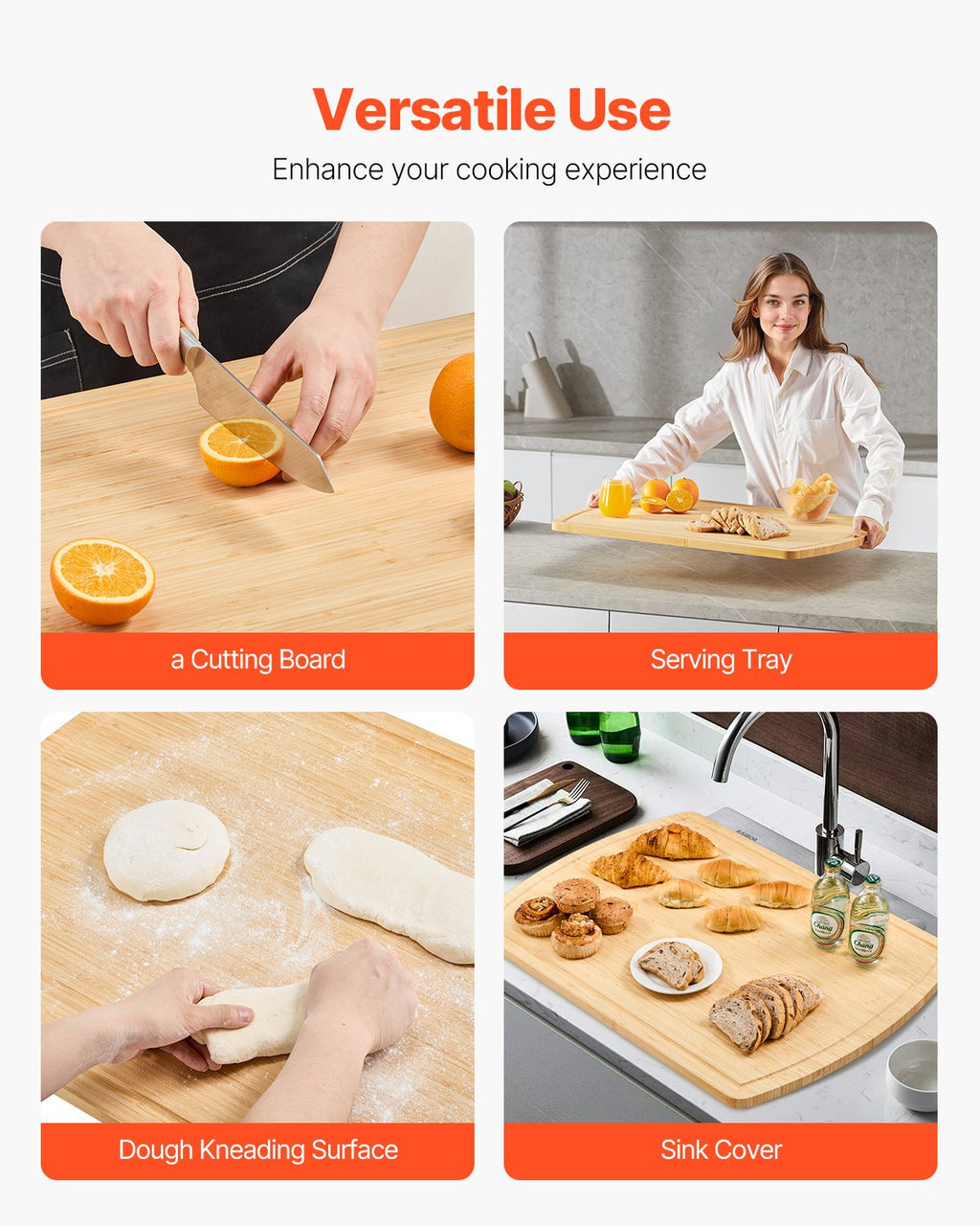 VEVOR Noodle Board Stove Cover, Stove Top Cover Board for Gas Burner & Electric Stove, Bamboo Wood Cutting Board with Juice Grooves, RV Stovetop/ Kitchen Sink Cover for Counter Space & Tray, Natural