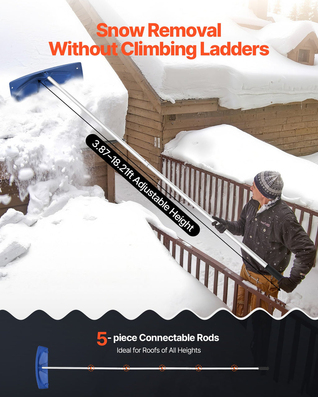 VEVOR Snow Roof Rake, 60cm PP Plastic Blade, 1.18-5.55 m Adjustable Roof Snow Scraper with Wheels, Anti-Slip Handle Snows Removal Tool, Lightweight House Rooftop Rake for Leaves Debris Removal