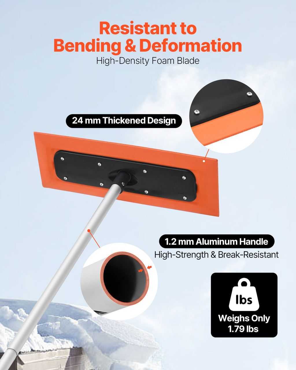 VEVOR Snow Roof Rake, 1.2m Long Reach Car Roof Snow Scraper, 45cm Foam Blade for No Scratches, Non-Slip Handle, Lightweight Snows Removal Tool for Vehicle Garage Rooftop Leaves Debris Clearing
