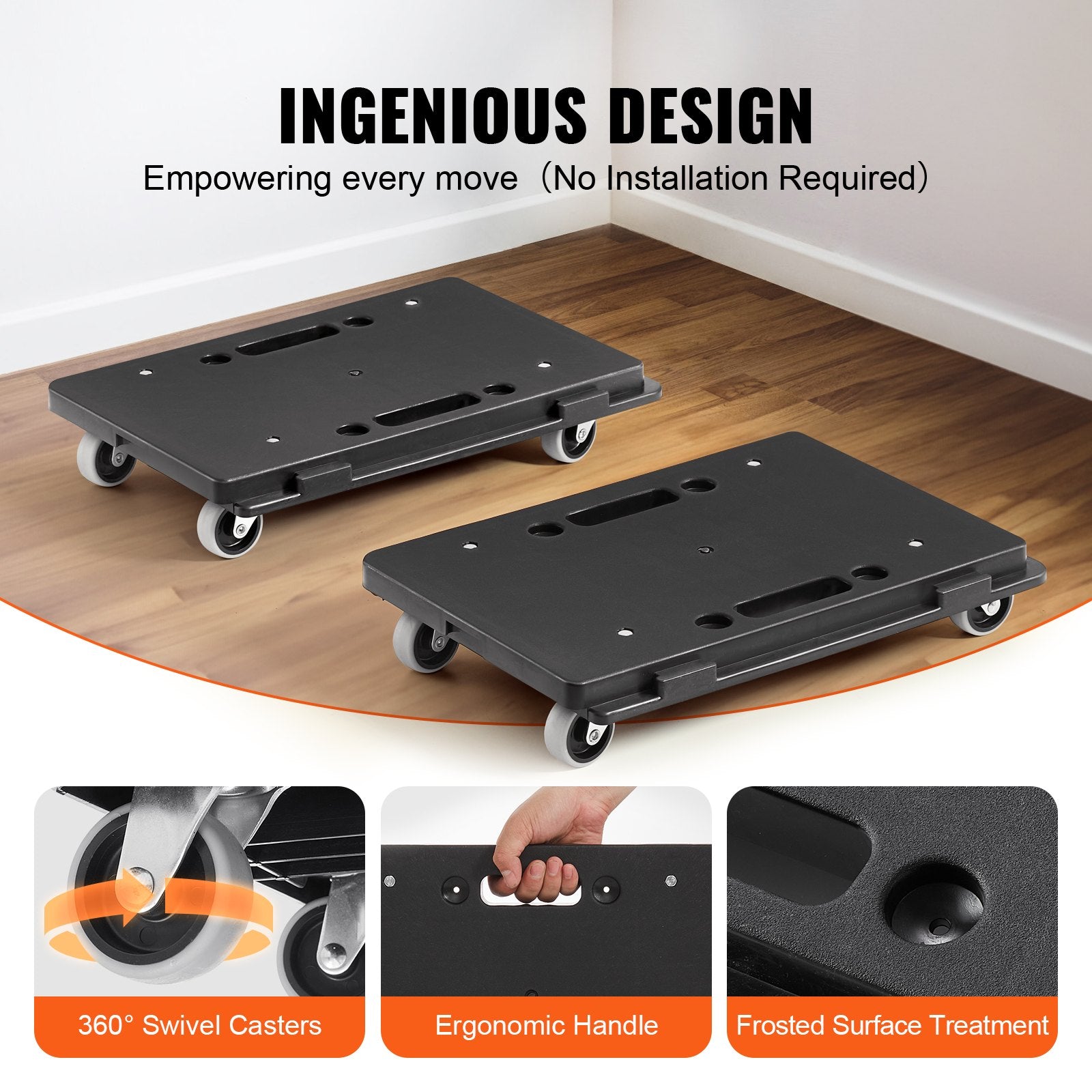 VEVOR Furniture Dolly, 500 lbs Capacity Each Count, Furniture Mover with Wheels, Portable Moving Rollers 4 Wheels Heavy Duty, Small Flat Dolly Cart with Interlocking for Heavy Furniture, 2 Pack, Black