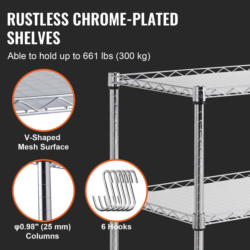 VEVOR Kitchen Utility Cart, 3 Tiers, Wire Rolling Cart, Steel Service Cart on Wheels, Metal Storage Trolley with 80mm Basket Curved Handle PP Liner 6 Hooks, for Indoor and Outdoor