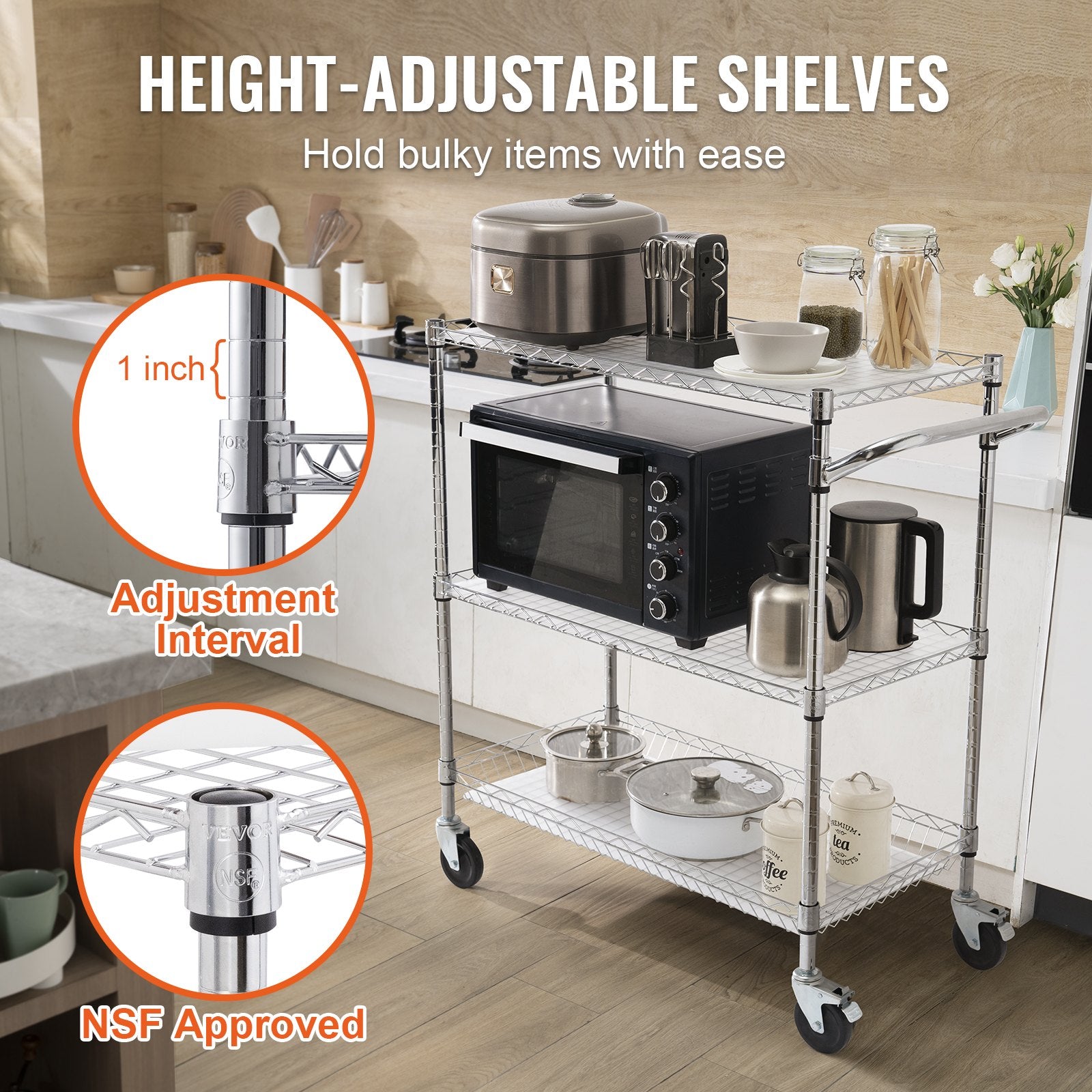 VEVOR Kitchen Utility Cart, 3 Tiers, Wire Rolling Cart, Steel Service Cart on Wheels, Metal Storage Trolley with 80mm Basket Curved Handle PP Liner 6 Hooks, for Indoor and Outdoor