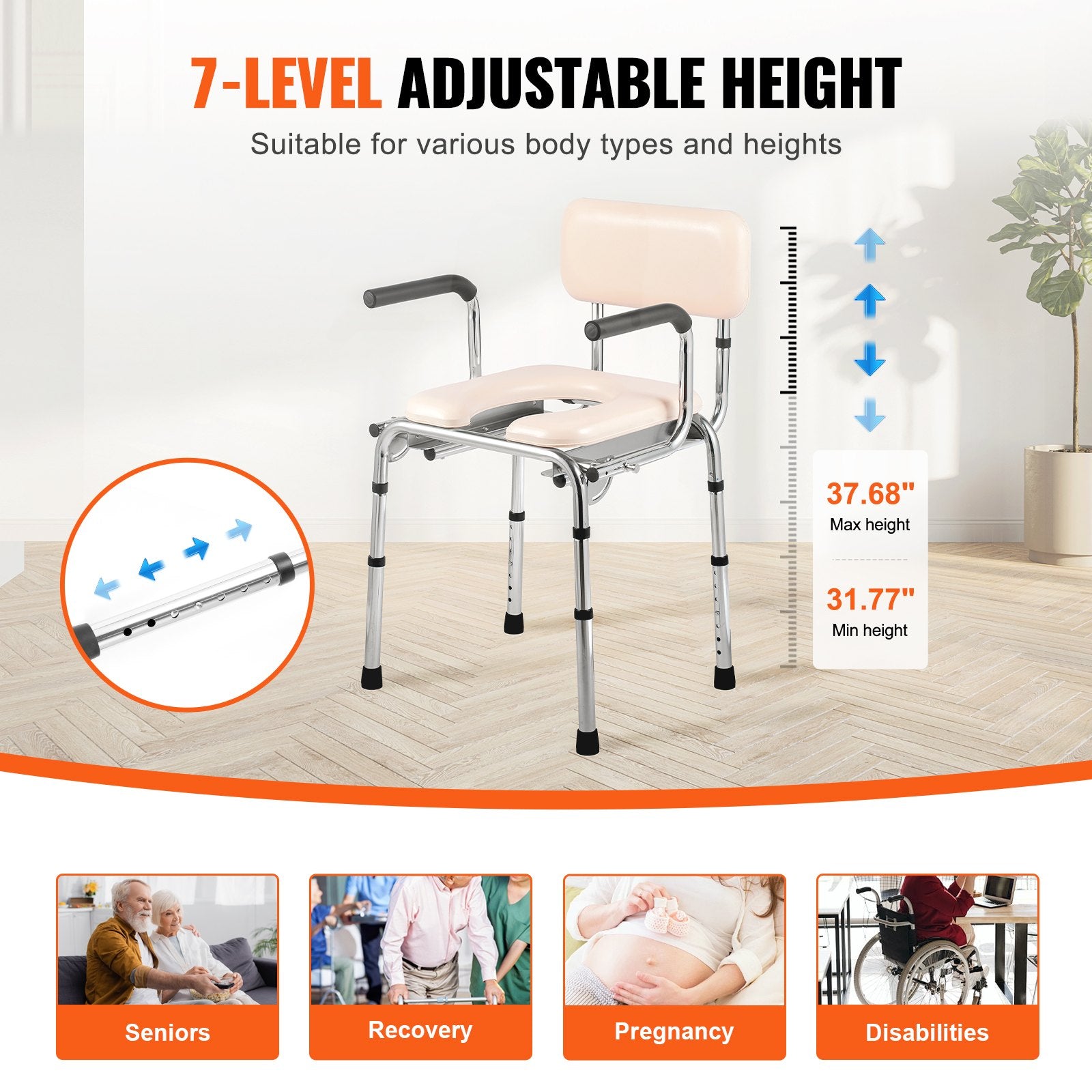 VEVOR Commode Chair, Bedside Commode with Padded Seat, Drop-Down Arms, 7-Level Adjustable Height, 5.8L Removable Bucket, Easy to Assemble, 350LBS Capacity, Portable Toilet for Adults Seniors
