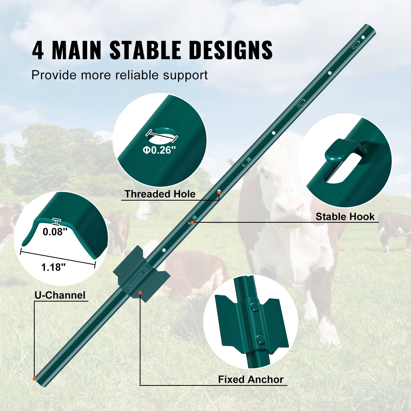 VEVOR 3 Feet Fence Post, 10 Pack U-Channel Heavy Duty Metal Fence Posts, Sturdy Steel Fence Stakes for Garden Yard, Lawn, Farms and Outdoor Wire Fencing, Green