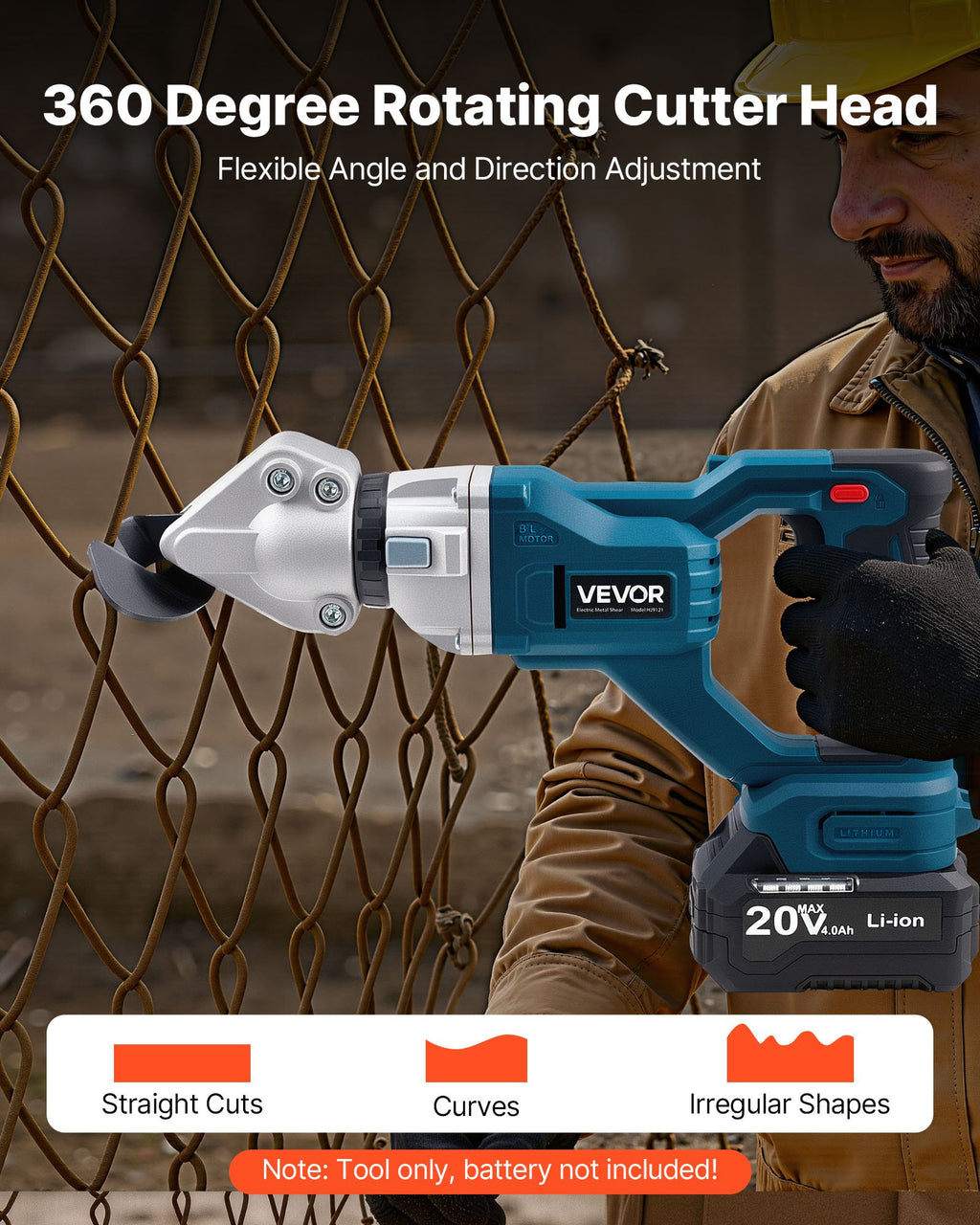 VEVOR Metal Shear, Sheet Metal Cutter Cordless with 360-Degree Pivoting Head, Double Blades, 25000 RPM Speed, Cuts 18 GA Galvanized Steel, 20 GA Stainless Steel, Aluminum Plate, Plastic, Cardboard