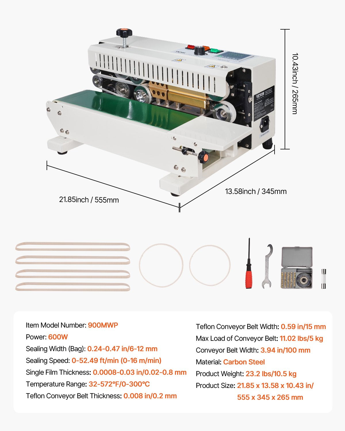 VEVOR Continuous Bag Band Sealing Machine, 6-12 mm Seal Width, Horizontal Band Sealer Machine with Digital Temperature Control, Carbon Steel Bag Sealer for 0.02-0.8 mm Plastic Bags Films Membrane