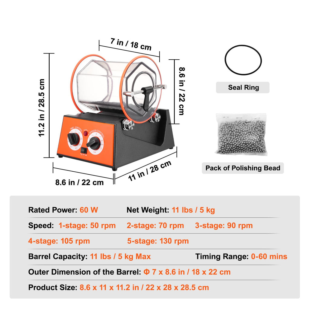 VEVOR Jewelry Polisher Tumbler, 11lbs/5kg Capacity Mini Rotary Tumbler Machine with 0-60 Minutes Timer, 5 Speeds Jewelry Rotary Finisher for Surface Polishing Grinding Buffing Gemstones Jewels Coins