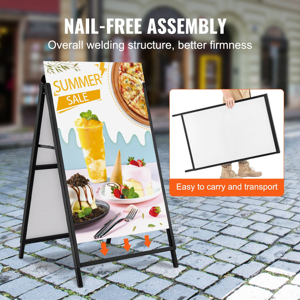 VEVOR A Frame Sidewalk Sign, 61x91cm Heavy Duty Slide-in Signboard Holder, Double-Sided Folding Sandwich Board Signs, Steel Pavement Sign Poster for Outdoor Business Street Advertising (Frame only)