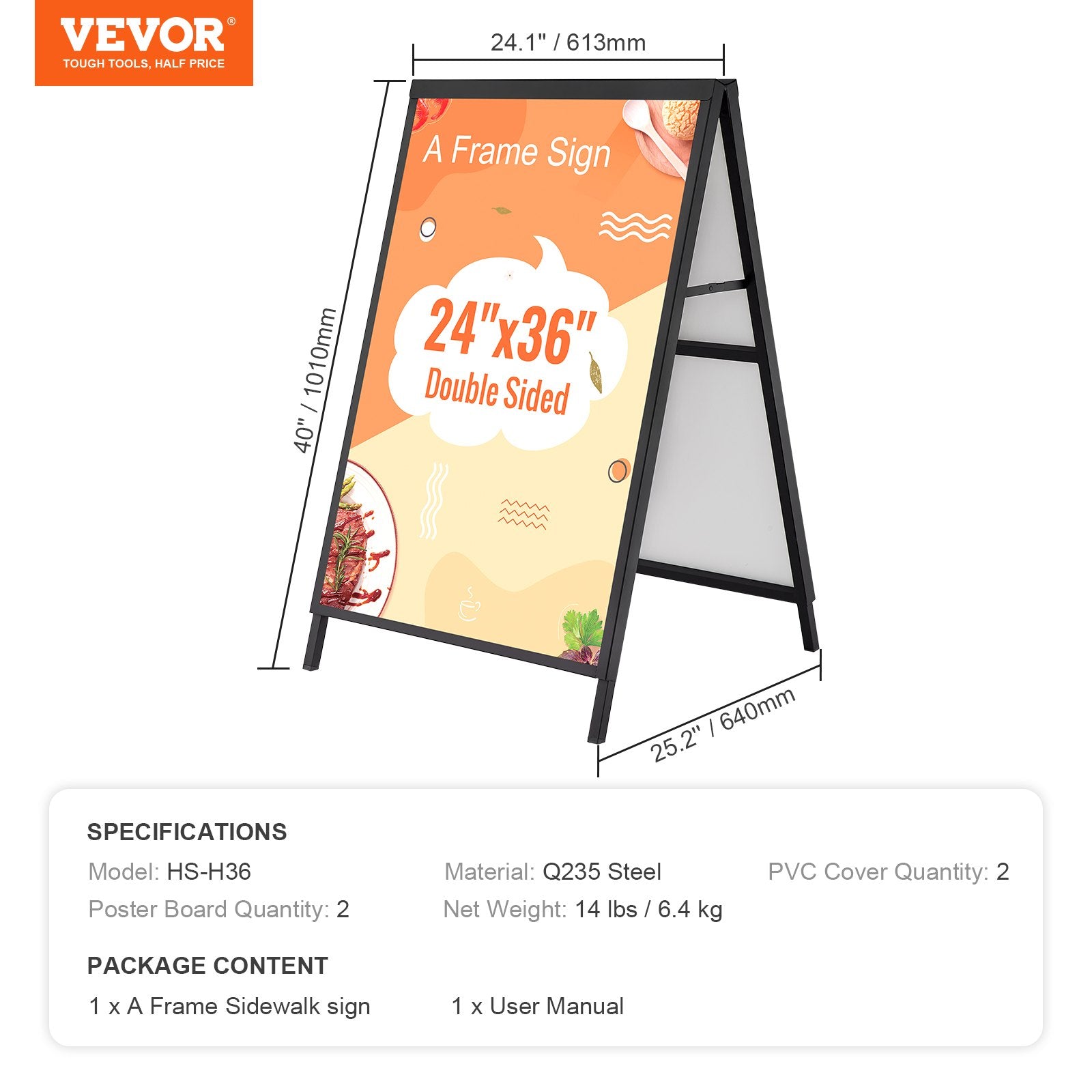VEVOR A Frame Sidewalk Sign, 61x91cm Heavy Duty Slide-in Signboard Holder, Double-Sided Folding Sandwich Board Signs, Steel Pavement Sign Poster for Outdoor Business Street Advertising (Frame only)
