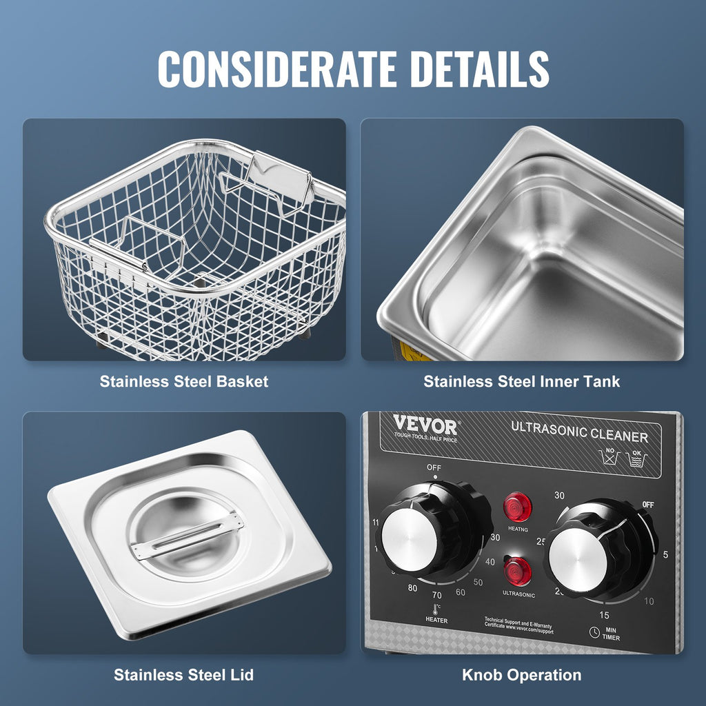 VEVOR 2L Ultrasonic Cleaner with Heater Timer & Basket, Professional Digital Sonic Cavitation Machine, 60W Cleaning Machine for Watch Instruments, Glasses, Coin, Metal Parts, Tool