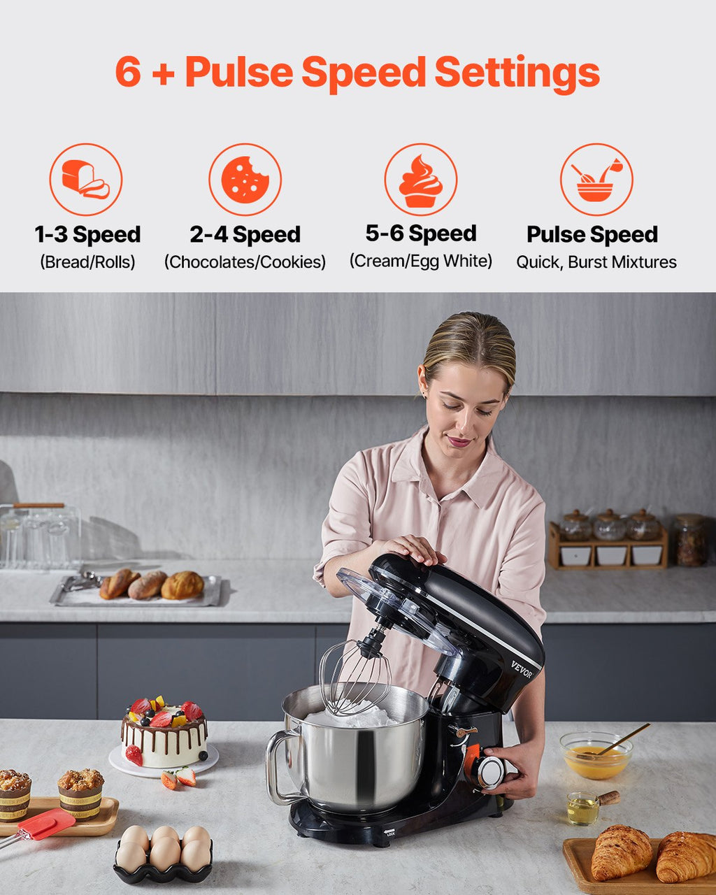VEVOR Stand Mixer 5.68 L Electric Dough Mixer 1100W 6 + P Speeds Food Beater