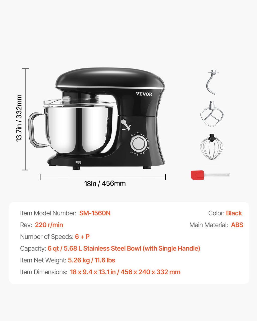 VEVOR Stand Mixer 5.68 L Electric Dough Mixer 1100W 6 + P Speeds Food Beater