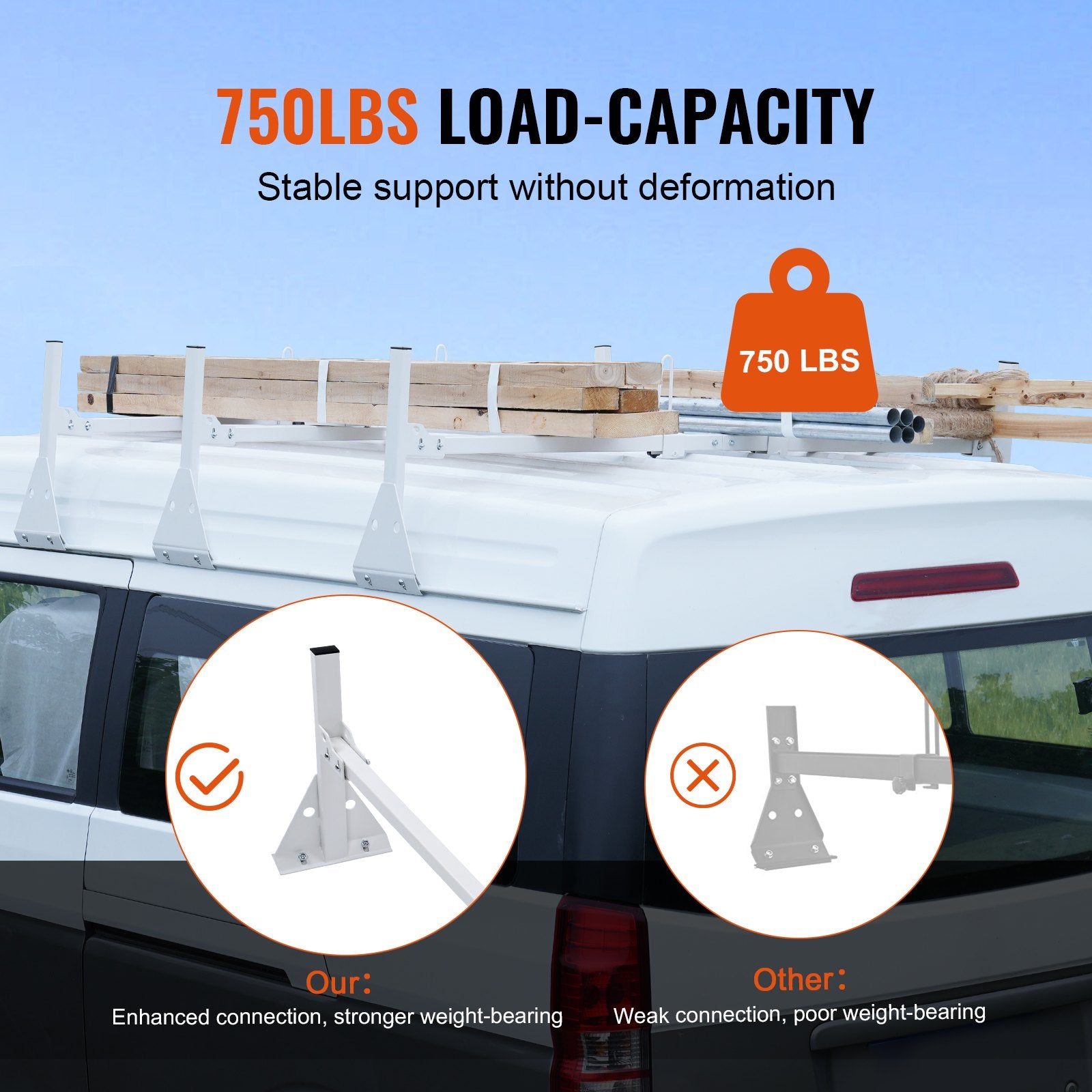 VEVOR 3-Bar Van Roof Ladder Rack Adjustable 56.3"-61.4" for Full-Size Vans