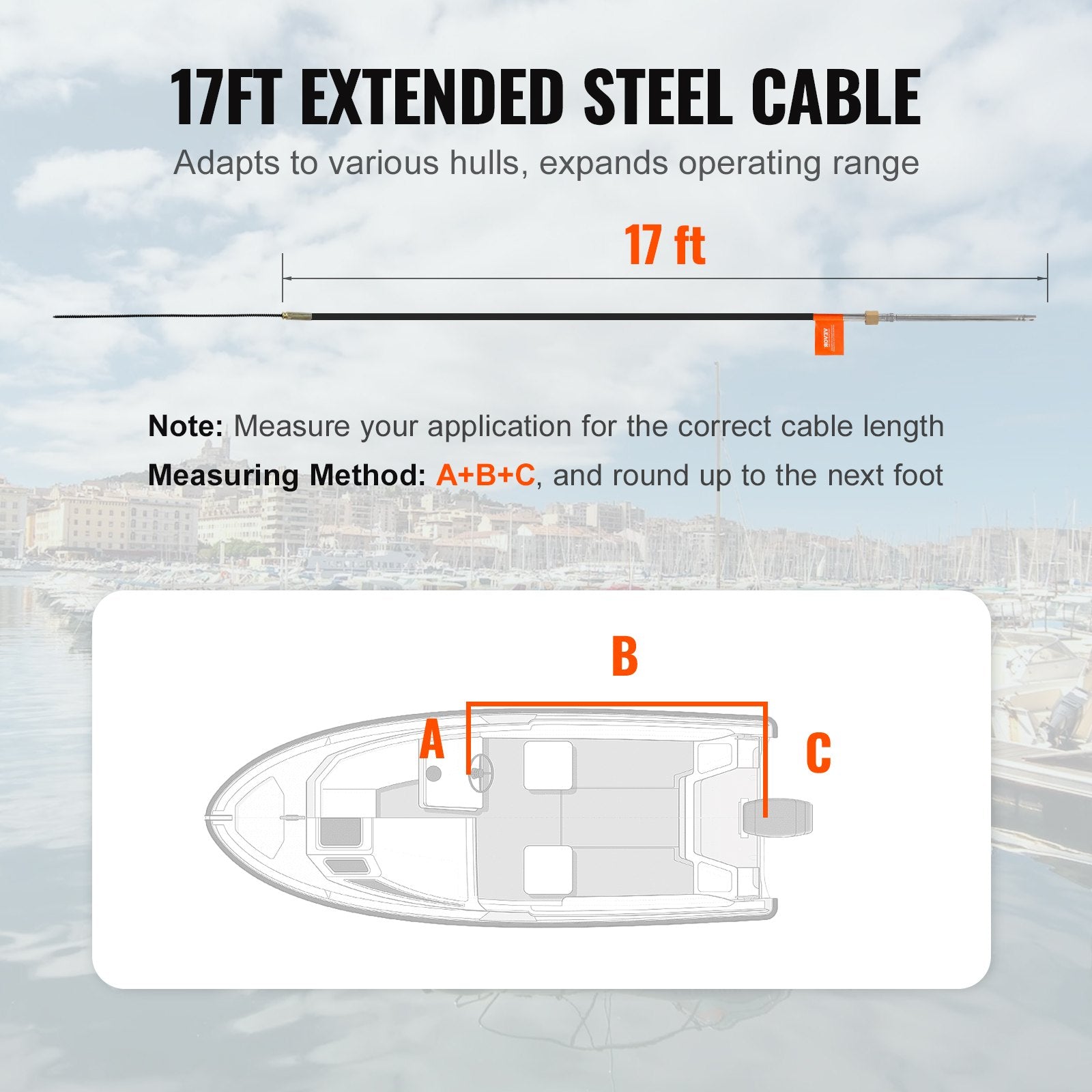 VEVOR Boat Steering Cable, 17 Feet Outboard Marine Rotary Steering Cable, 1/2 Ton High Tensile Strength, Steel Steering Wheel Cable Compatible with Most Single-Station Outboard Steering Systems