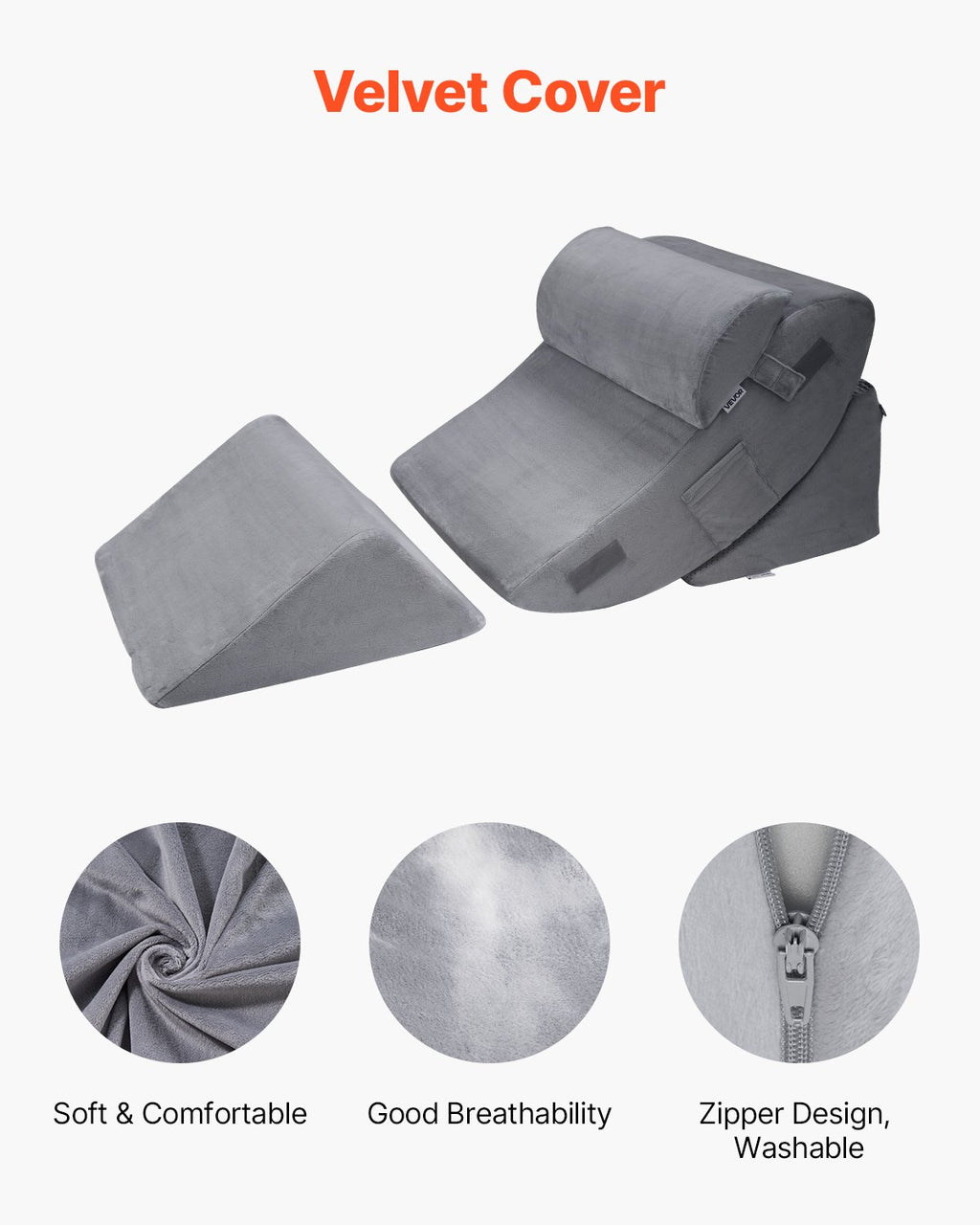 VEVOR Wedge Pillow for Sleeping, 4 Pcs Adjustable Orthopedic Bed Wedge Set, Support Leg Neck Shoulder, Post Surgery Pillow for Back Pain, Acid Reflux, Snoring Relief, Sitting up in Bed, Dark Grey