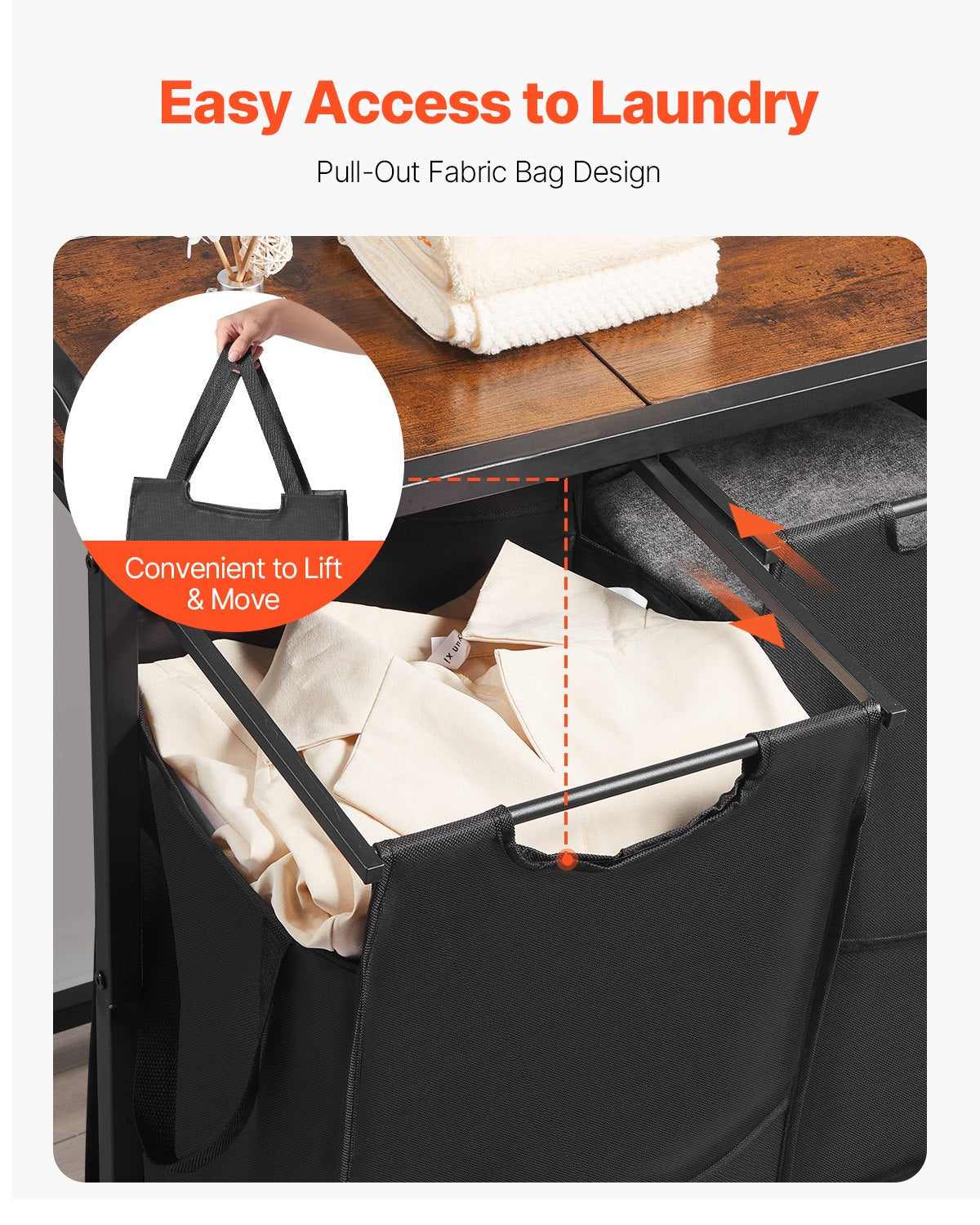 VEVOR 3 Section Laundry Sorter, Large Laundry Hamper with Metal Frame and Wooden Tabletop, Freestanding Storage Organizer Baskets with Pull-Out 600D Oxford Cloth Bags for Dirty Clothes, Bathroom