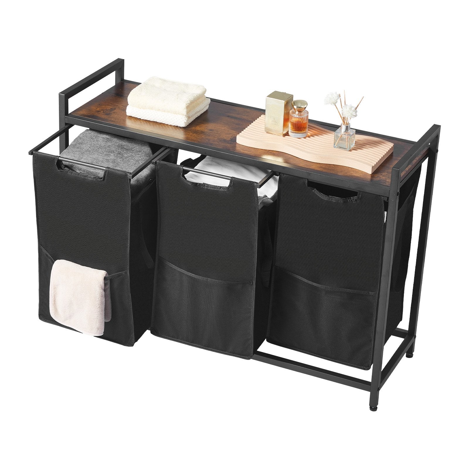 VEVOR 3 Section Laundry Sorter, Large Laundry Hamper with Metal Frame and Wooden Tabletop, Freestanding Storage Organizer Baskets with Pull-Out 600D Oxford Cloth Bags for Dirty Clothes, Bathroom