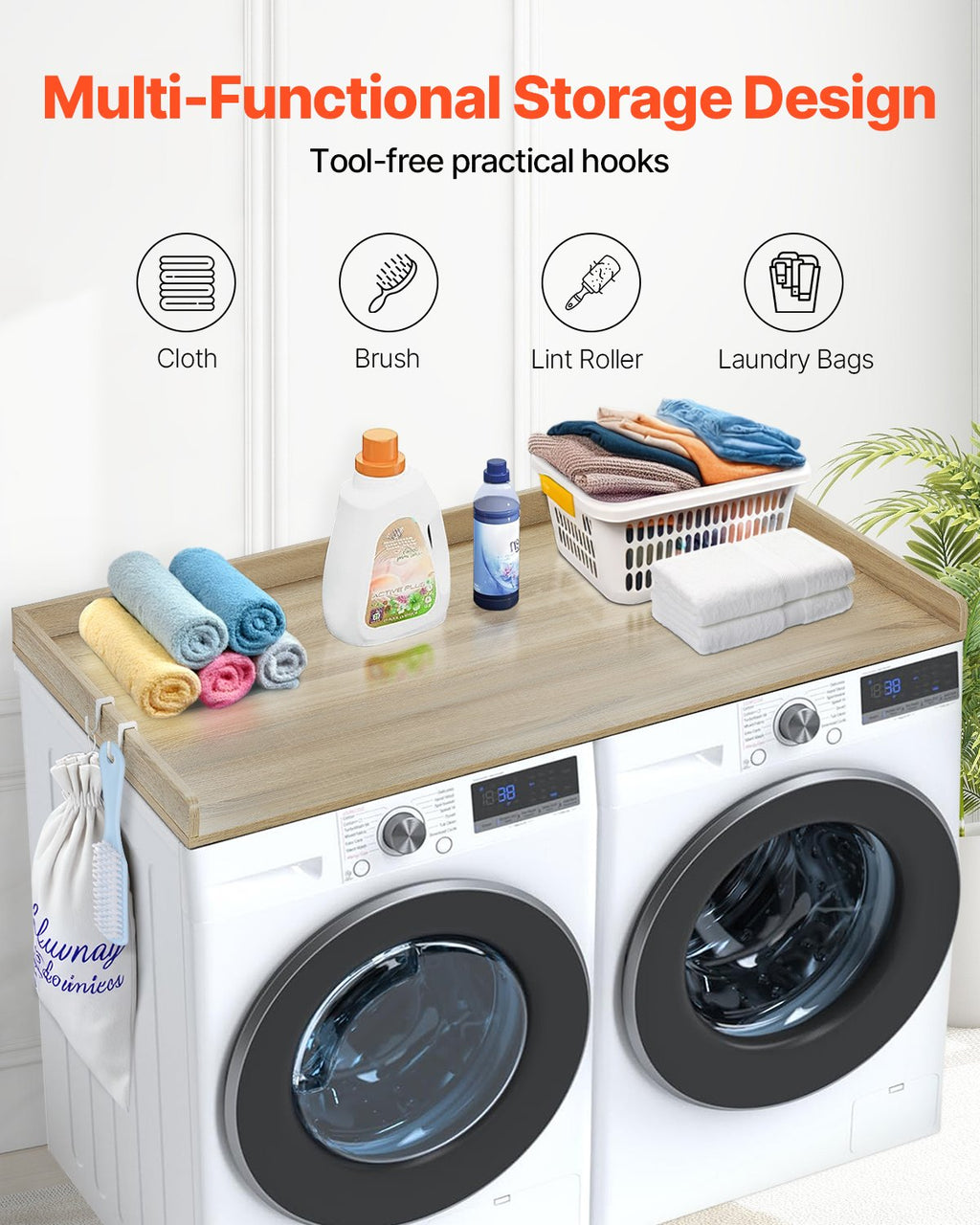 VEVOR Washer Dryer Countertop, 54" x 27" Wooden Washer and Dryer Countertop, Water-Resistant Laundry Machine Topper Cover with Anti-Slip Pads, for Laundry Room Organization and Storage, Oak