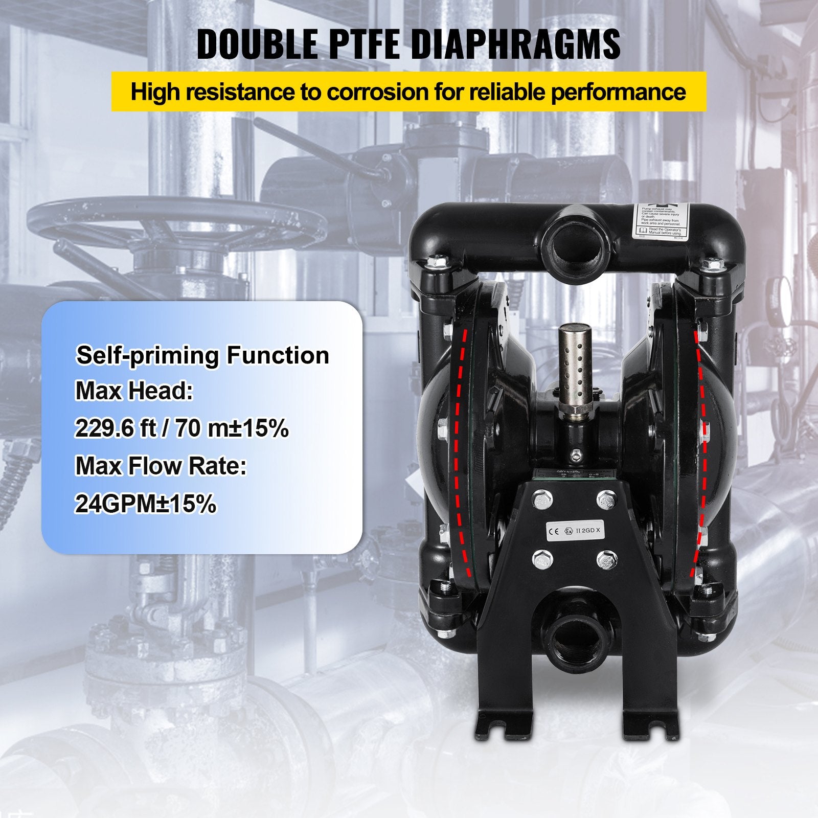 VEVOR Air-Operated Double Diaphragm Pump 24 GPM 1 Inch Inlet And Outlet