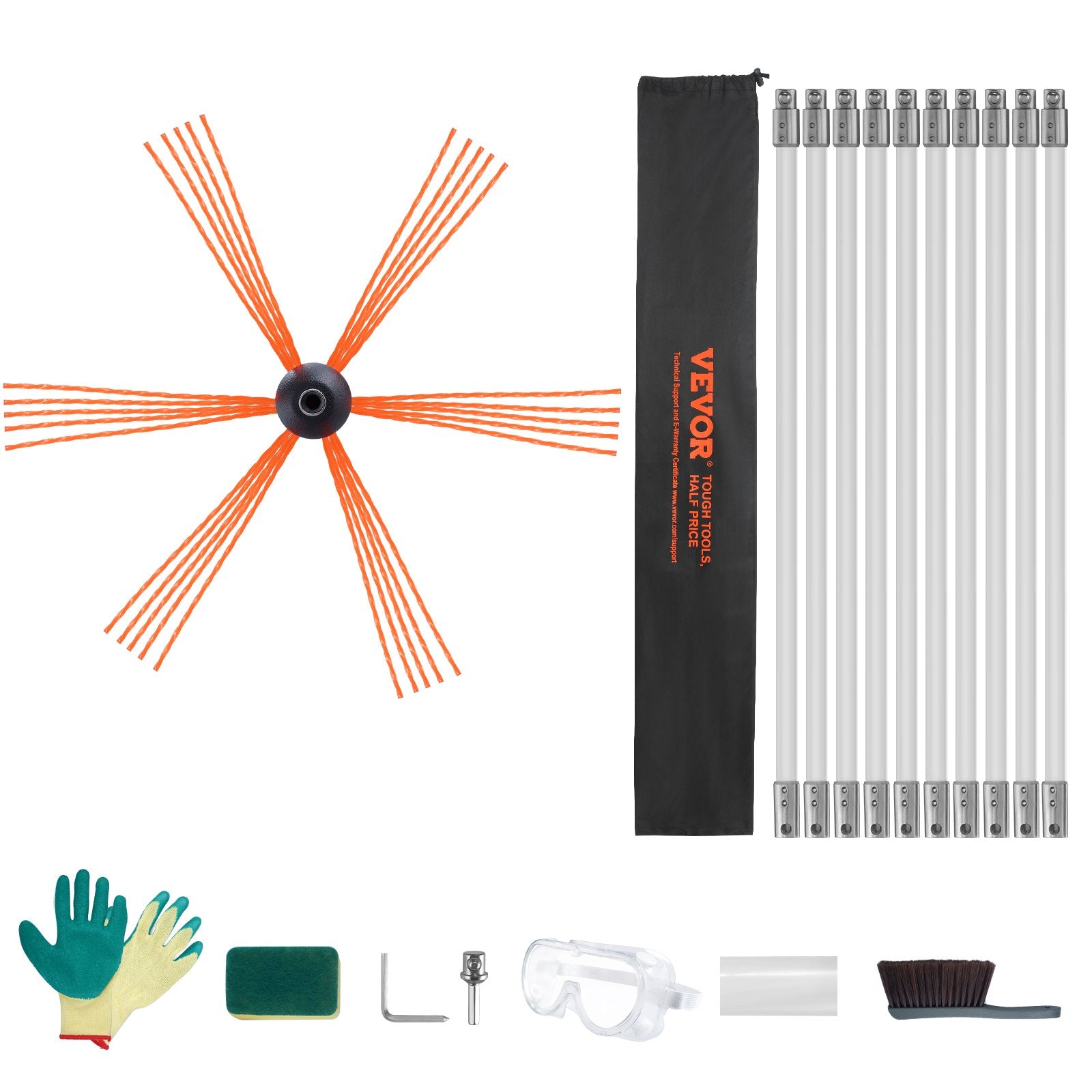 VEVOR 10 m Chimney Sweep Kit, w/ 10 Reinforced Nylon Flexible Rods, Ergonomic Chimney Cleaning Brush, 360-Degree Brush Chimney Cleaner, Rich Accessories for Fireplace Flue Home Use Fits most Pipes